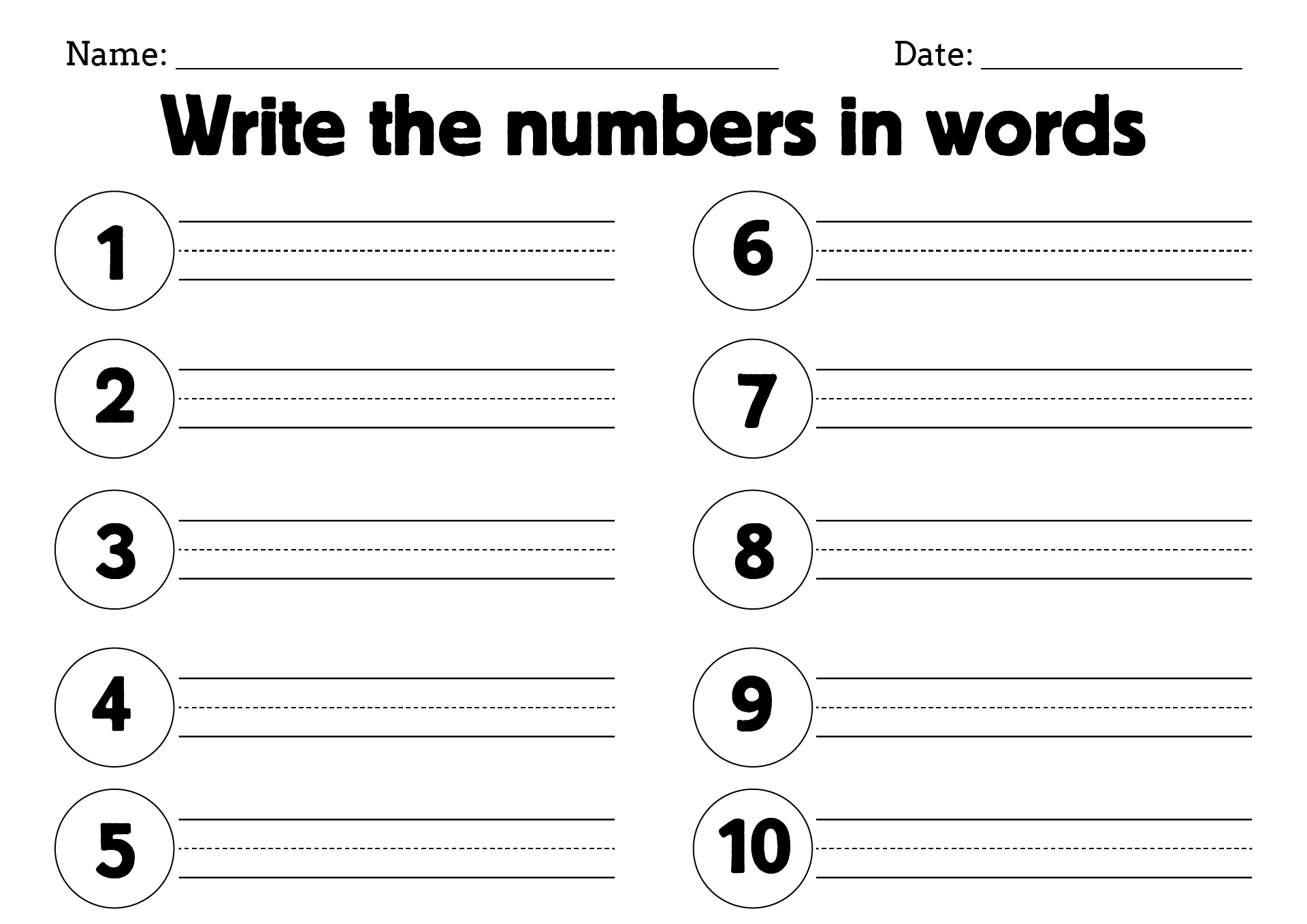 Number Words 1-10 Worksheets for Kids