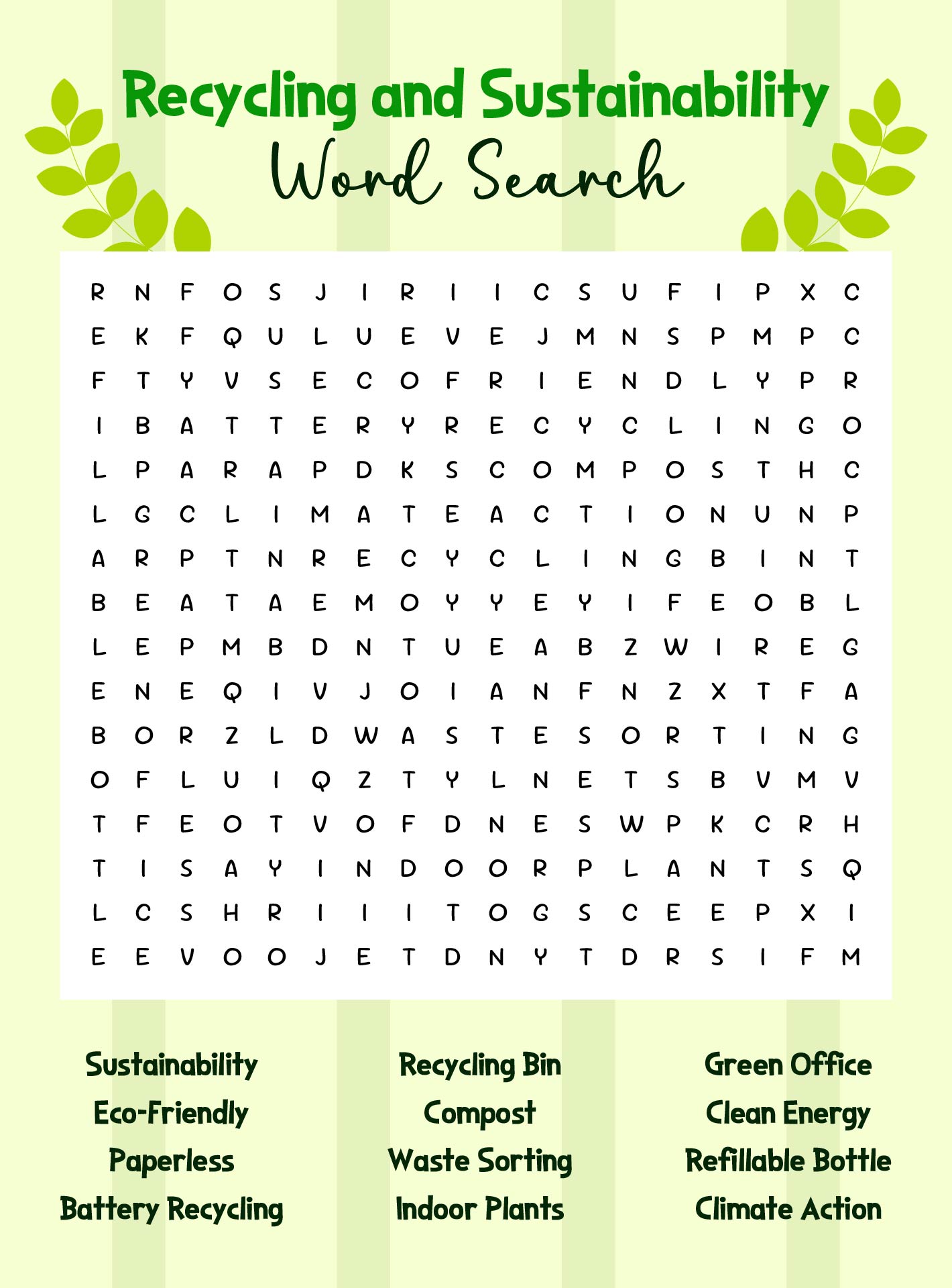 Office Recycling and Sustainability Word Search Sheets