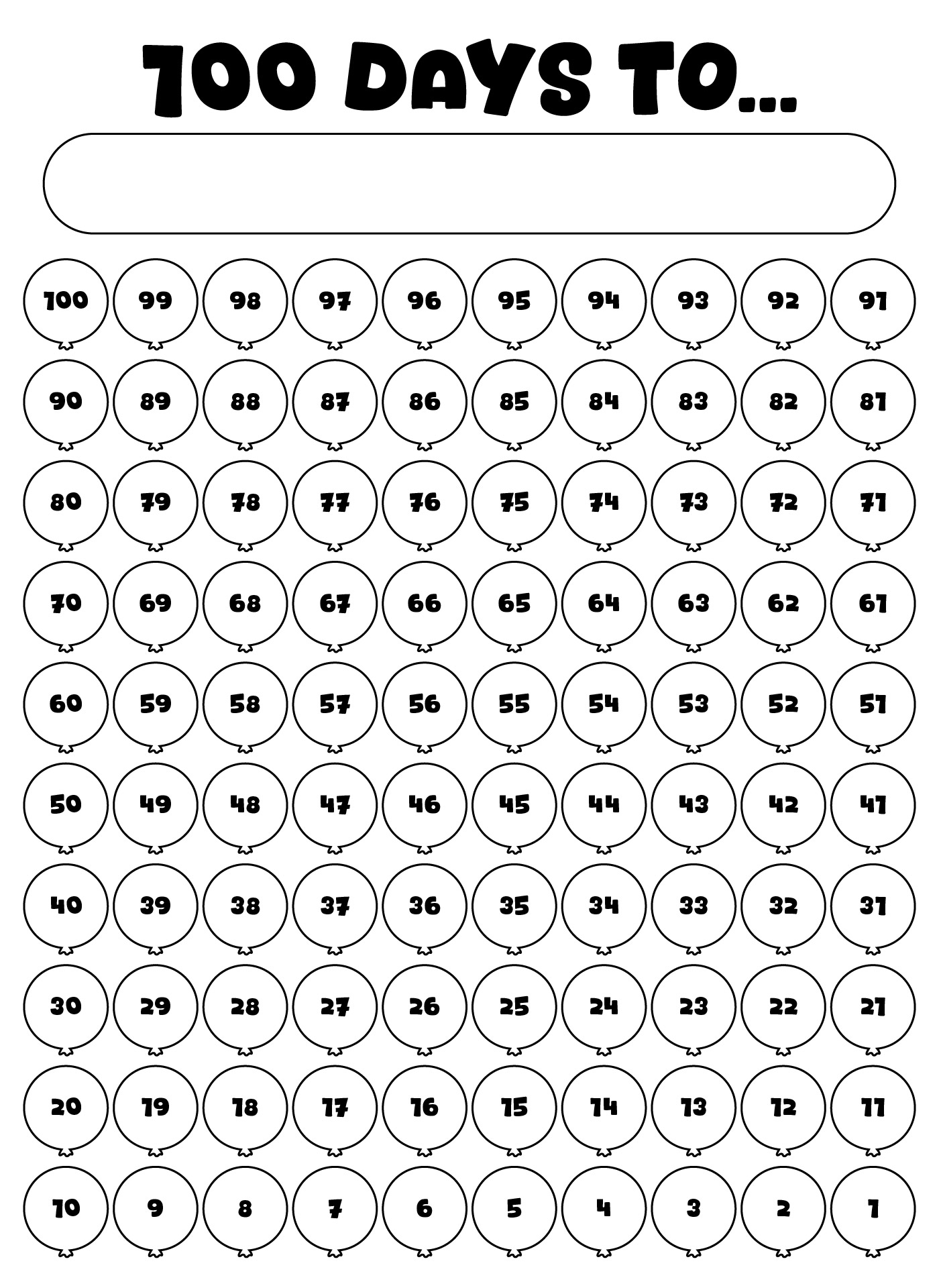 Printable 100 Day Countdown Calendar