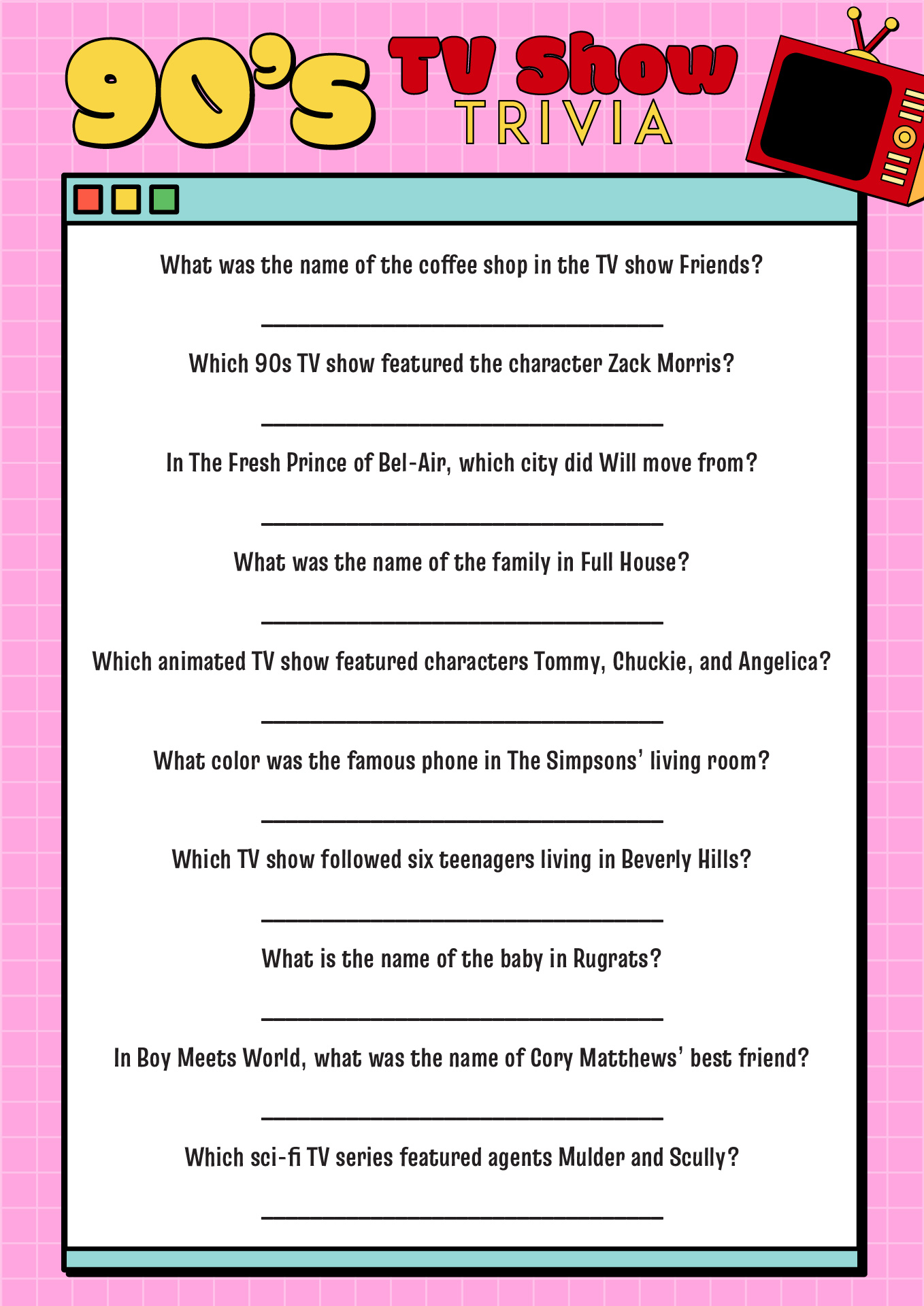 Printable 90s TV Trivia Games Printable 90s TV Trivia Games