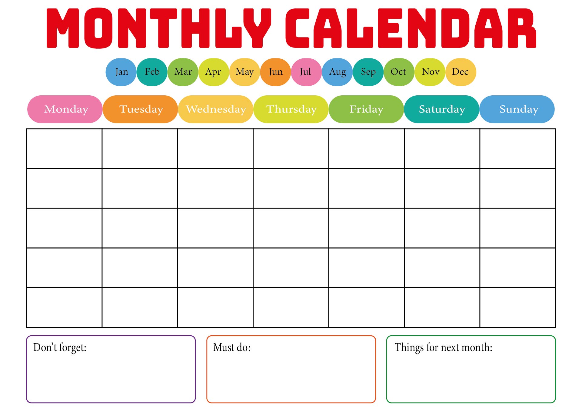 Printable Blank Monthly Calendar for Family Scheduling
