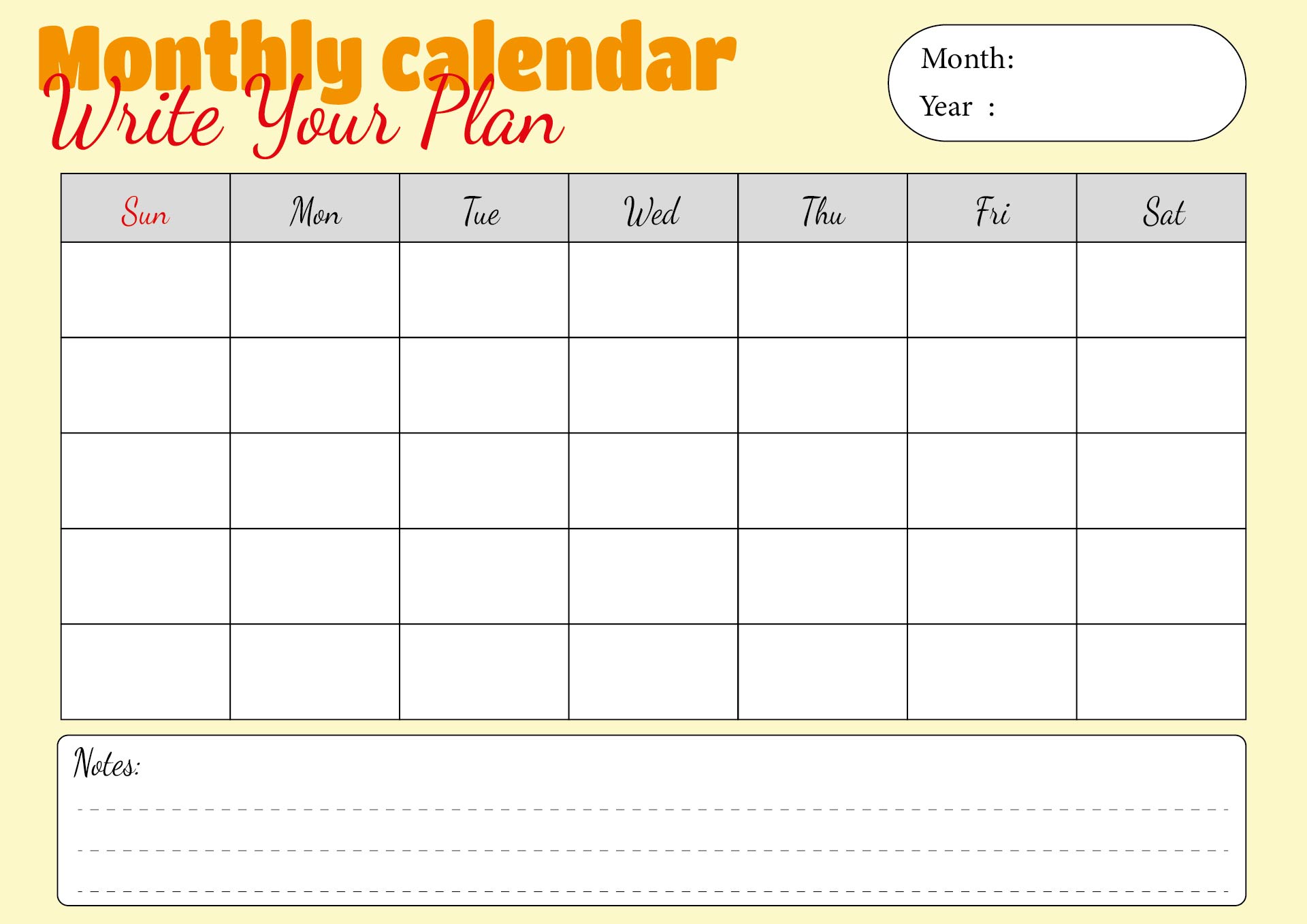 Printable Blank Monthly Calendar for Personal Planning