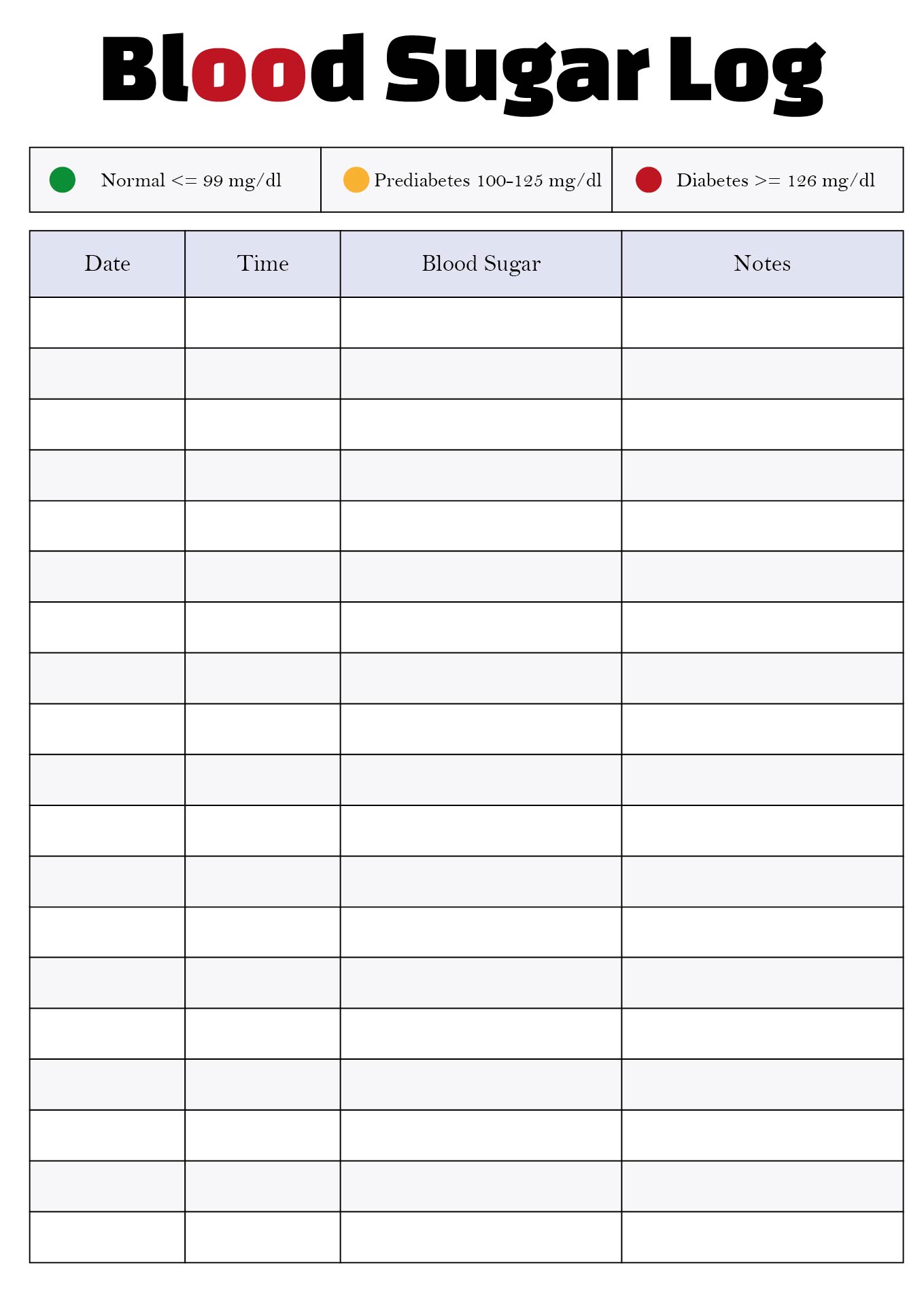 Printable Blood Sugar Tracker for Diabetics