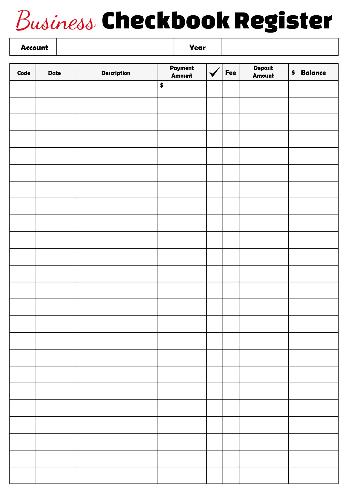 Printable Business Checkbook Register