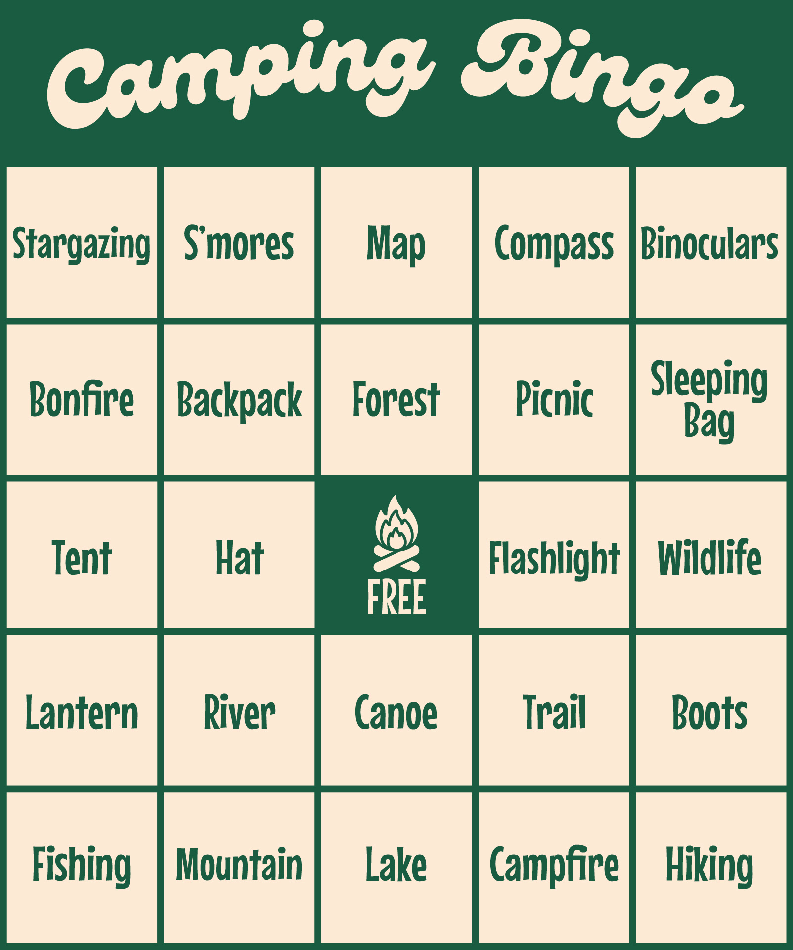 Printable Camping Bingo Cards