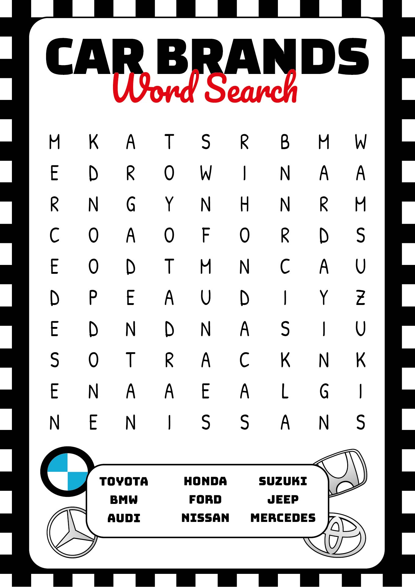 Printable Car Brands Word Search Puzzles