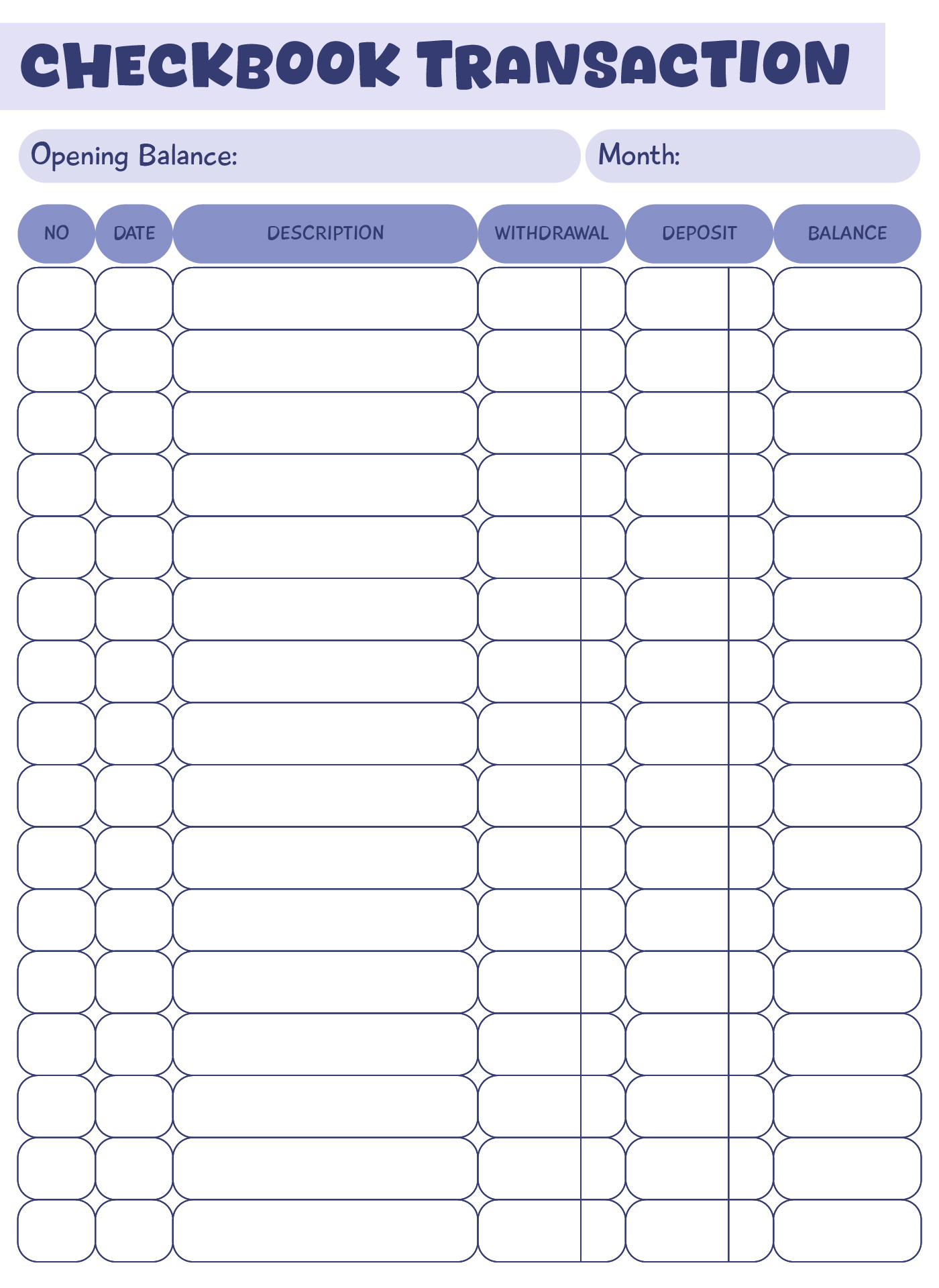 Printable Checkbook Transaction Register