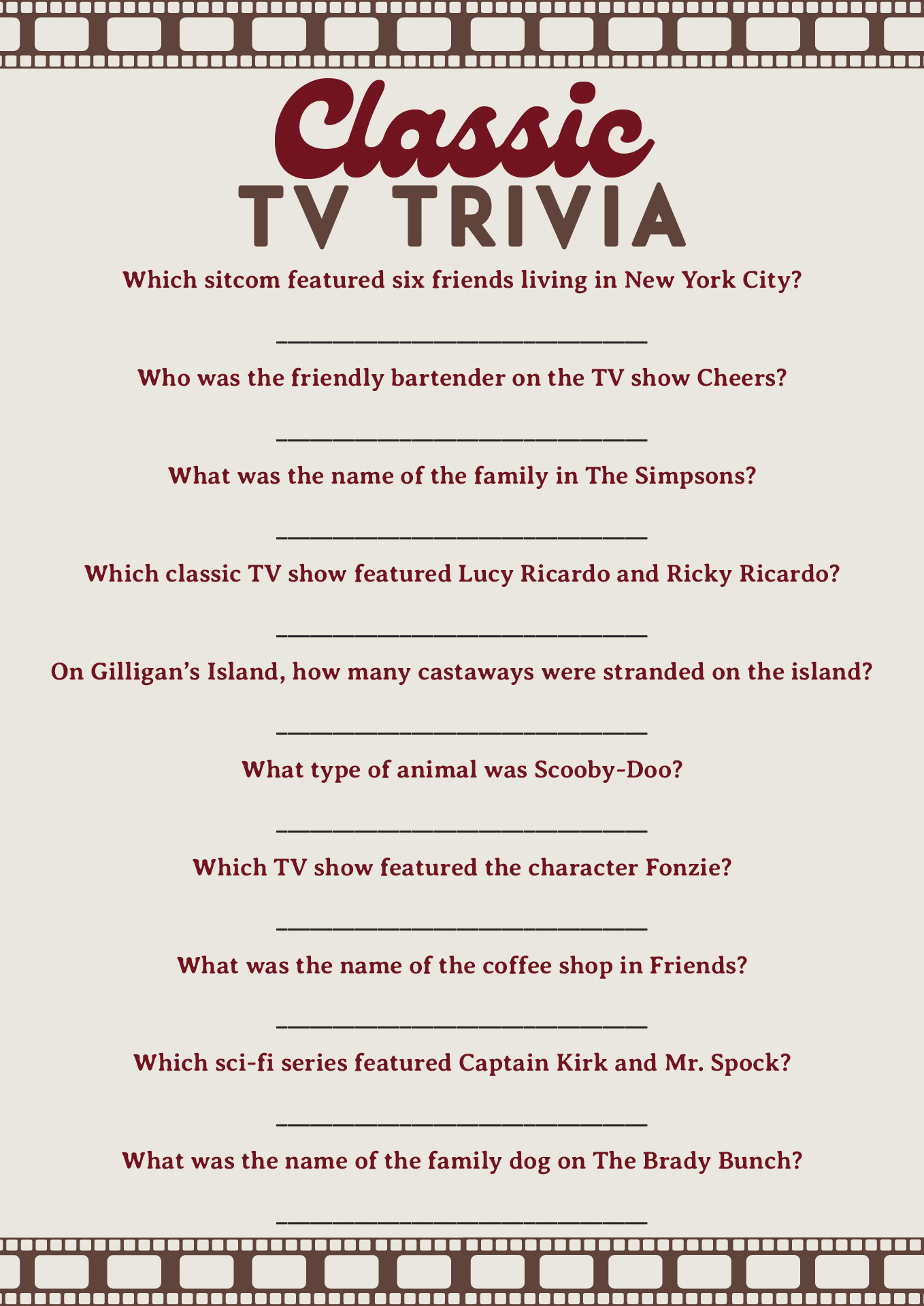 Printable Classic TV Trivia Night Games Printable Classic TV Trivia Night Games