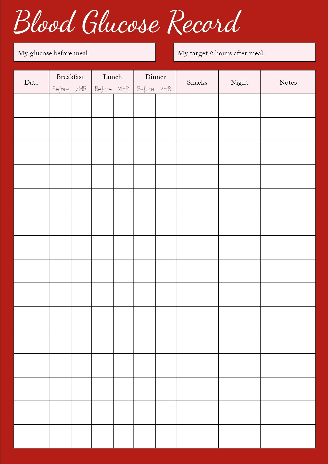 Printable Diabetic Glucose Monitoring Chart Printable Diabetic Glucose Monitoring Chart