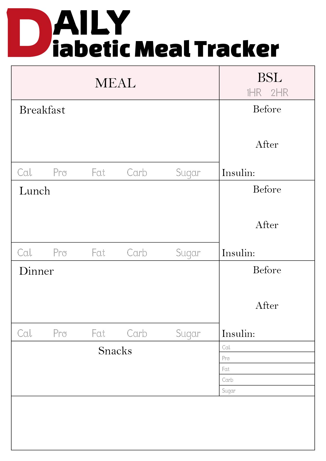 Printable Diabetic Meal Tracker