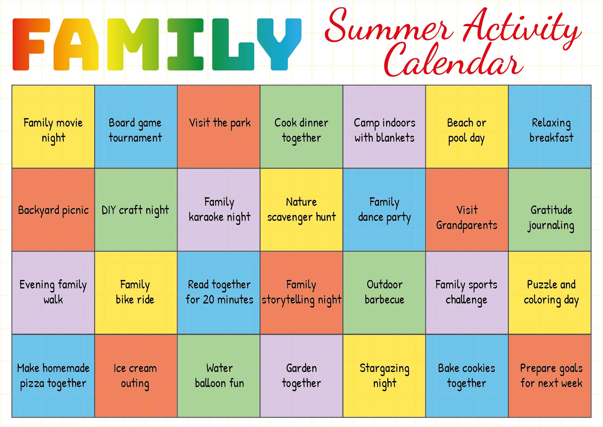 Printable Family Summer Activity Calendar