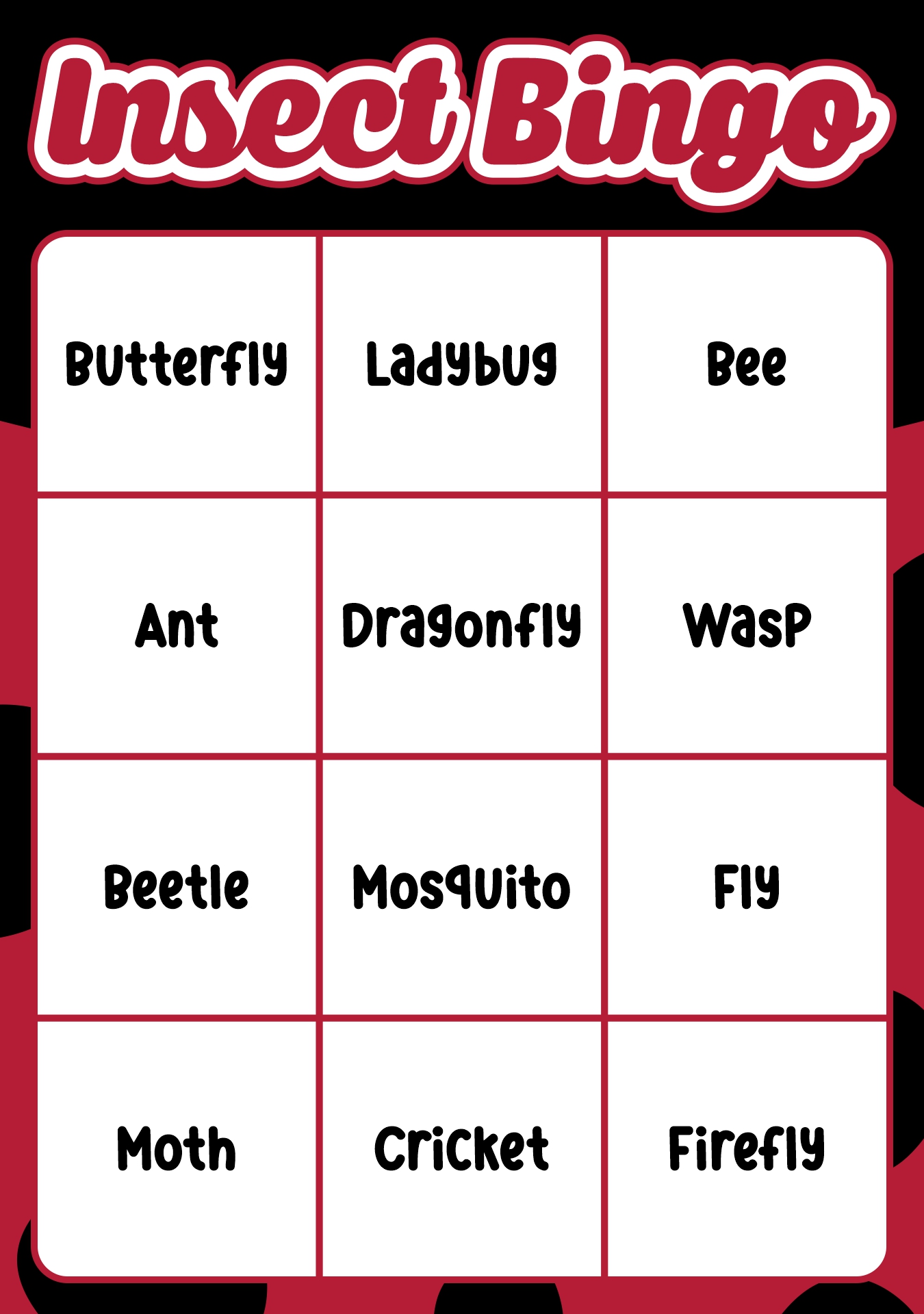 Printable Insect Bingo Cards