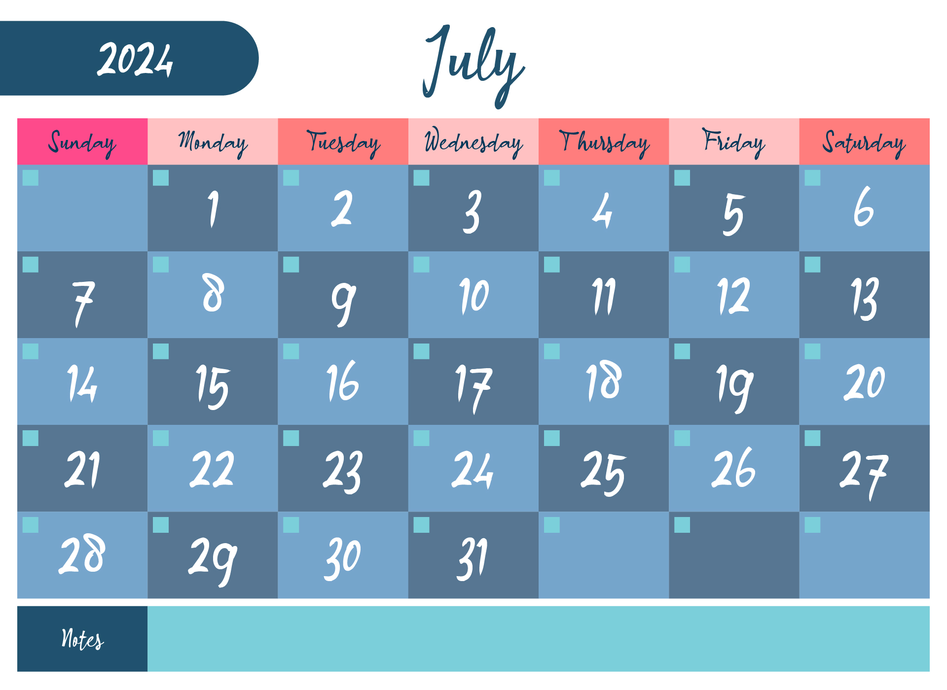 Printable July Calendar for 2024
