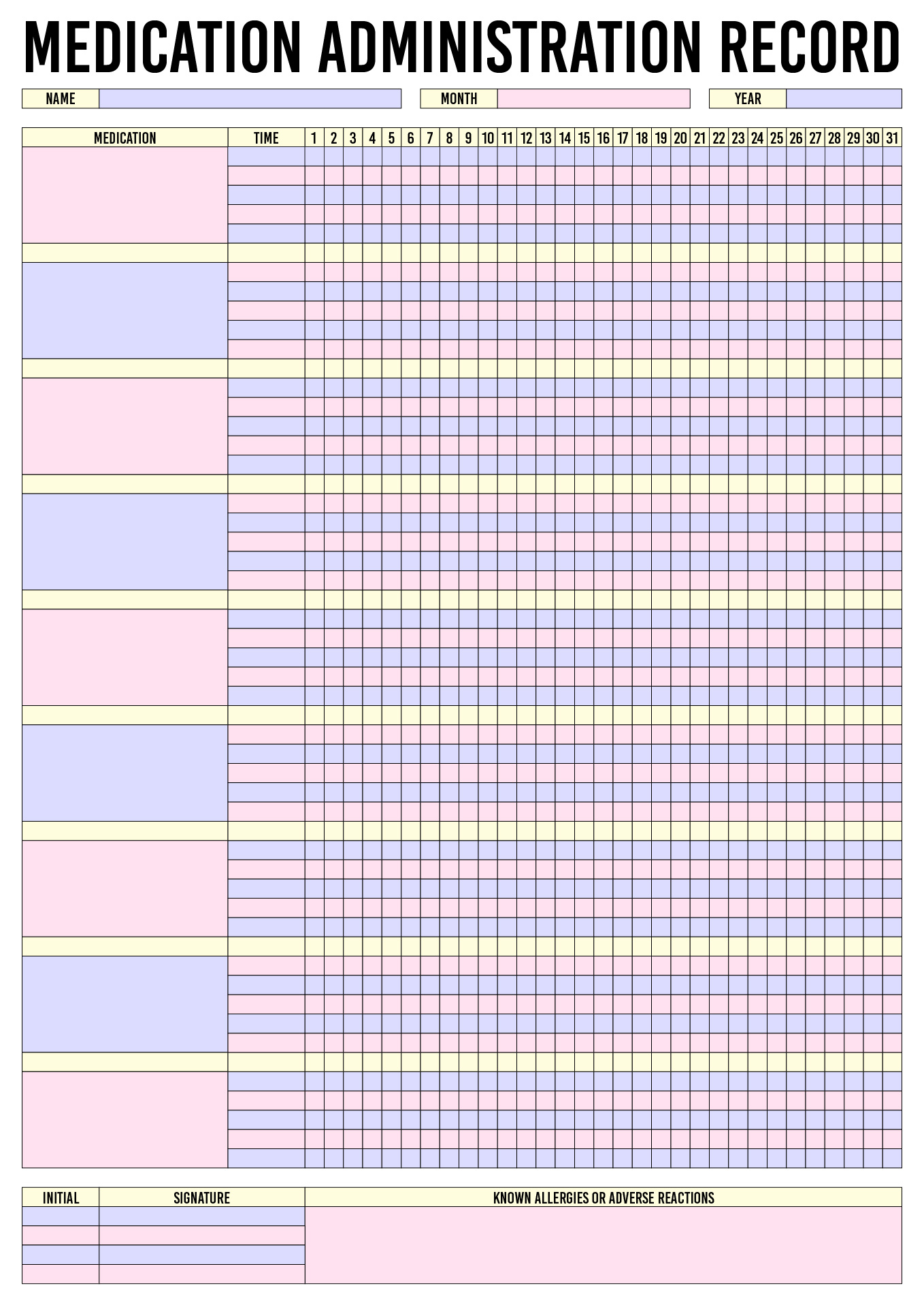 Printable Medication Administration Record Chart