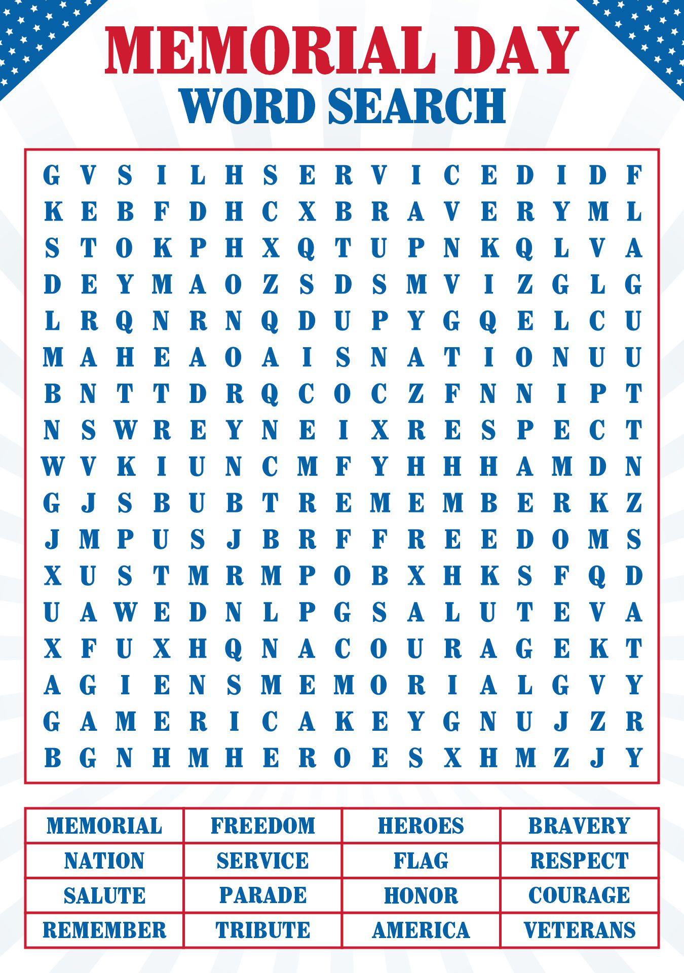 Printable Memorial Day Word Search Puzzles