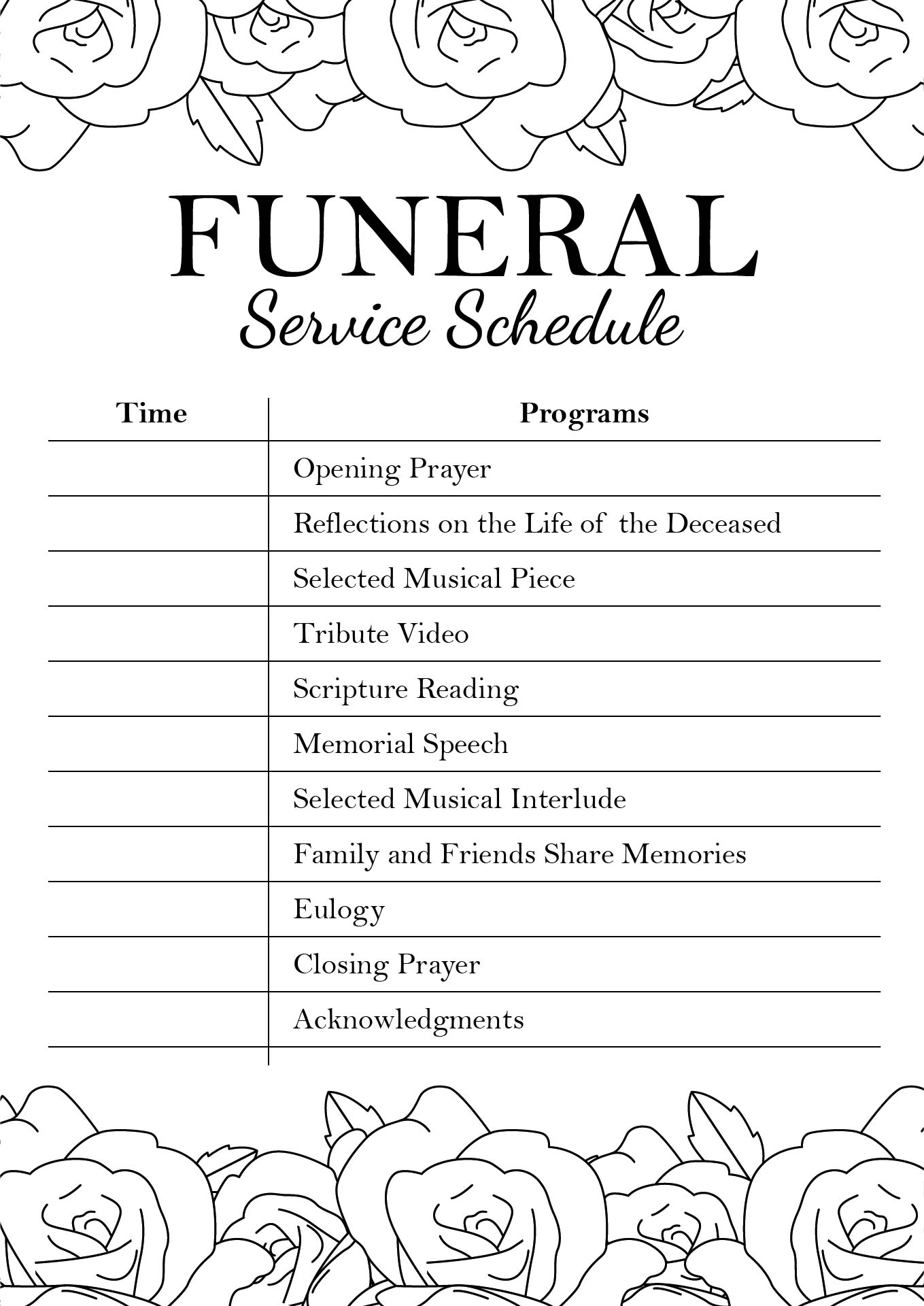 Printable Memorial Service Schedules Printable Memorial Service Schedules