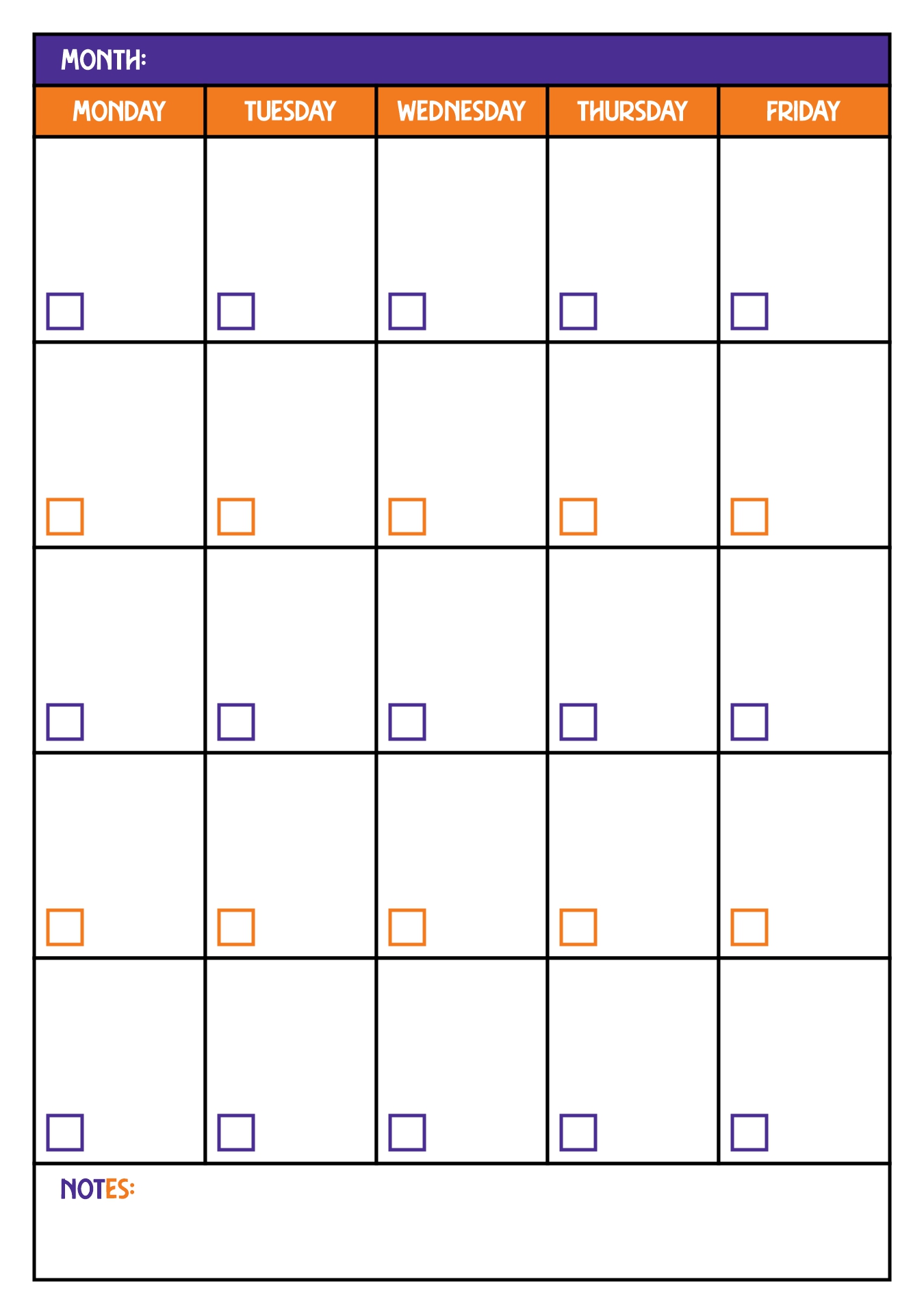 Printable Monthly Calendar for 5 Day Work Week