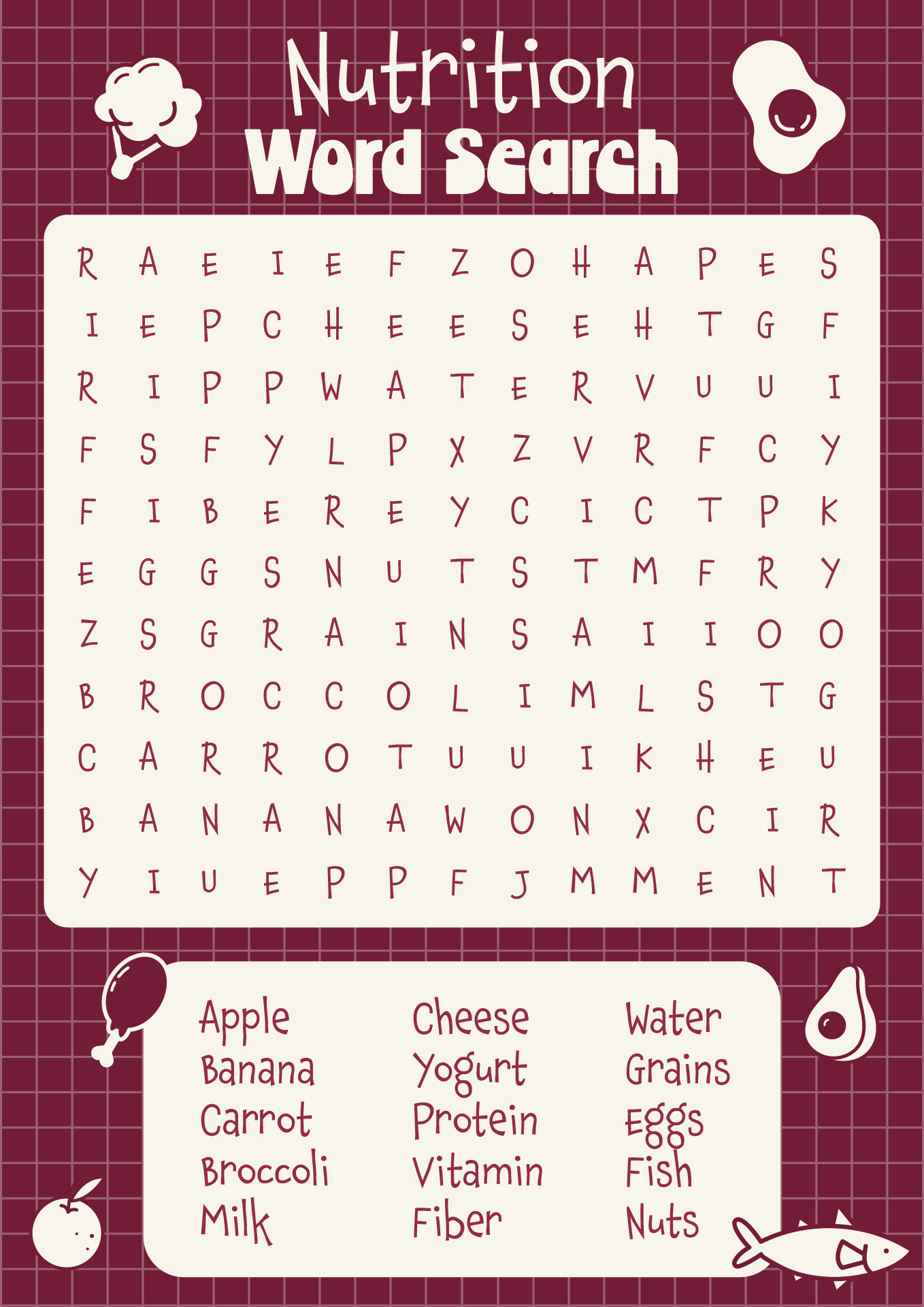 Printable Nutrition Word Search Puzzles for Kids