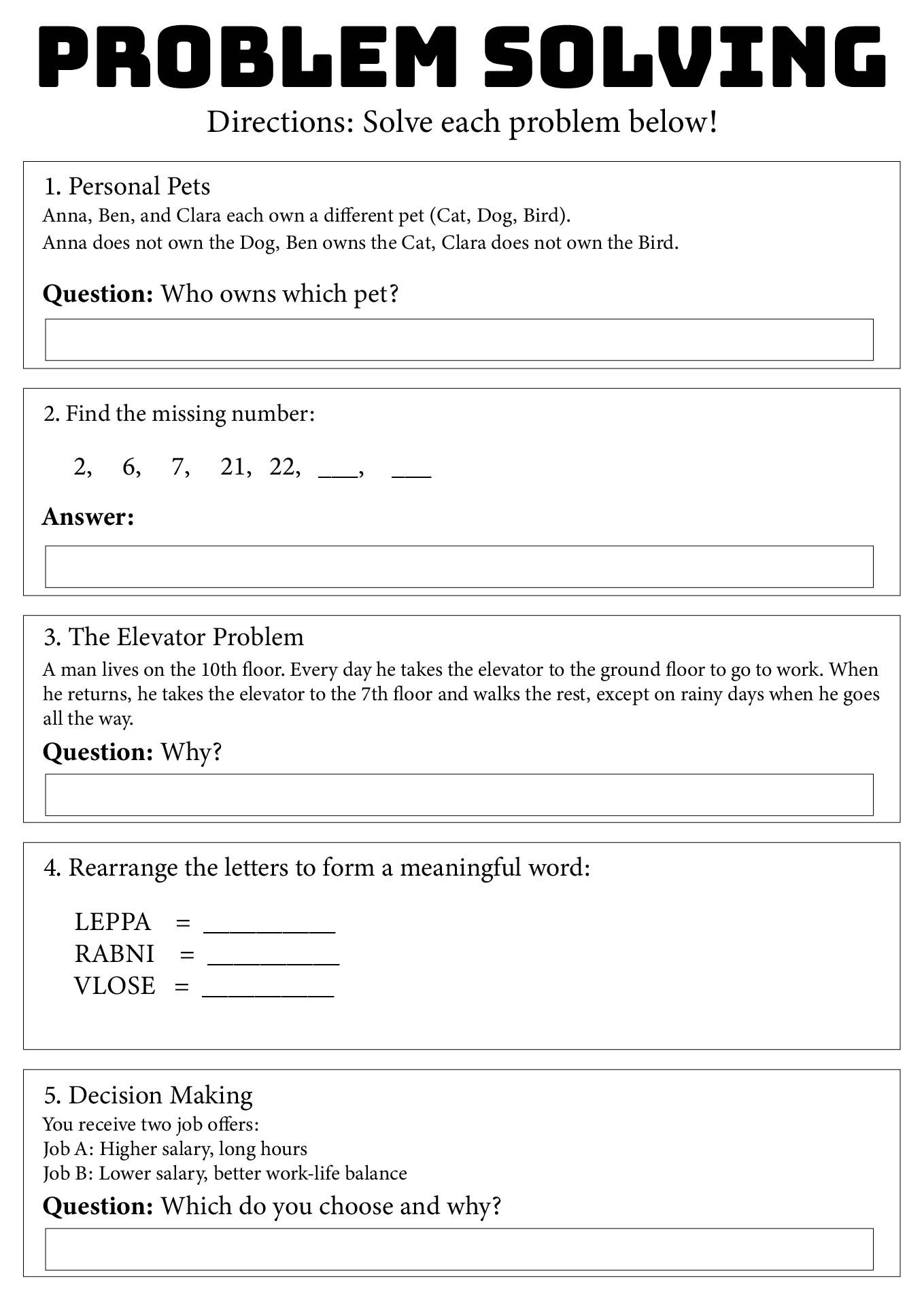 Printable Problem Solving Activities for Adults