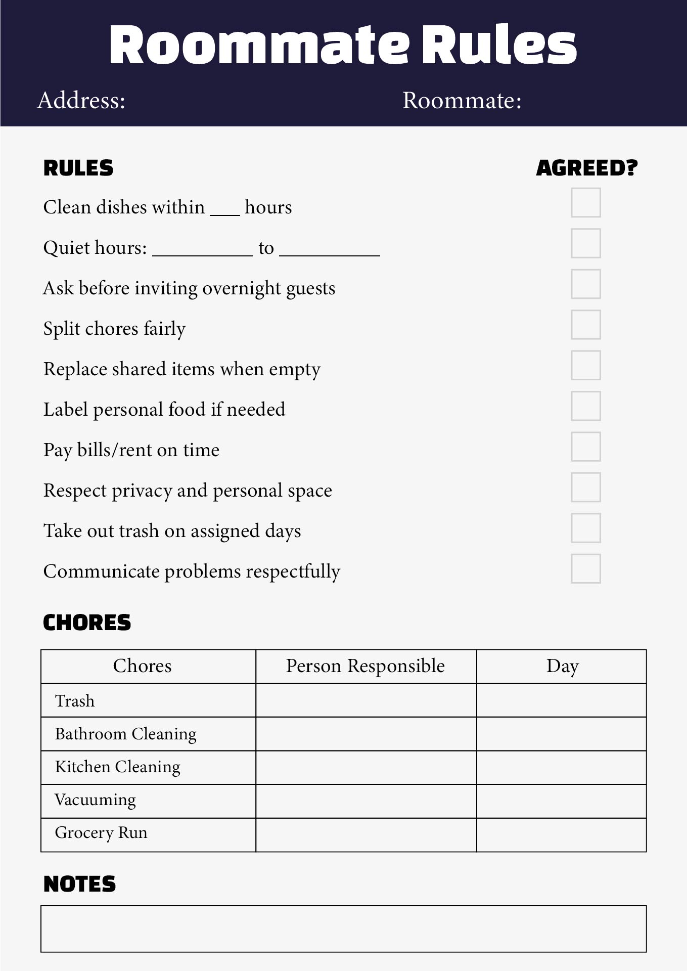 Printable Roommate Rules Template