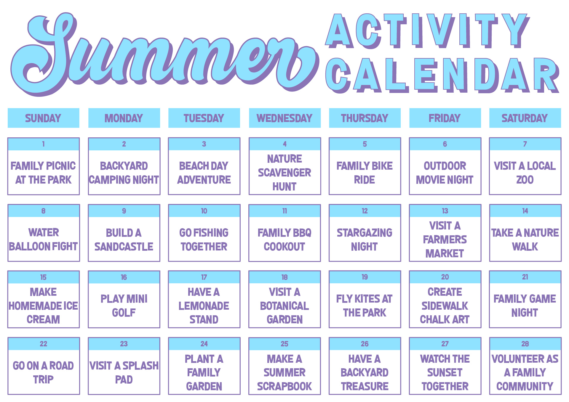 Printable Summer Activity Calendar for Families