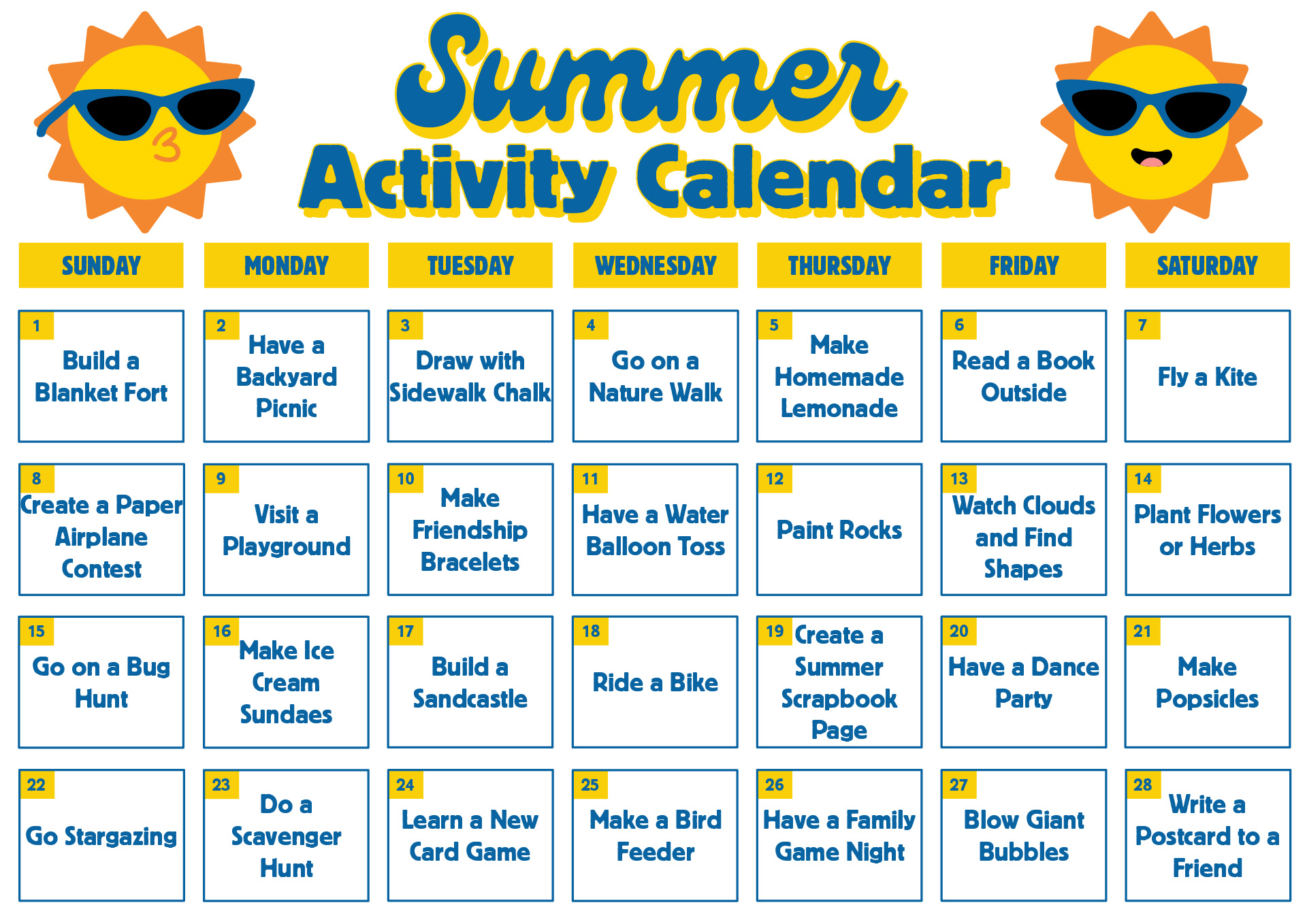 Printable Summer Activity Calendar for Kids