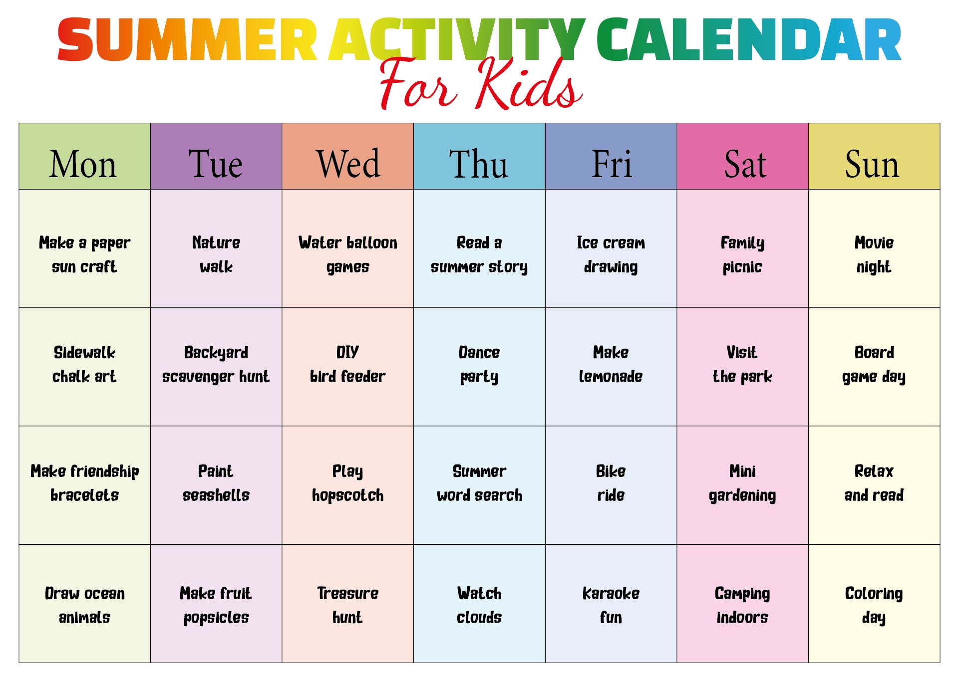 Printable Summer Activity Calendar for Kids