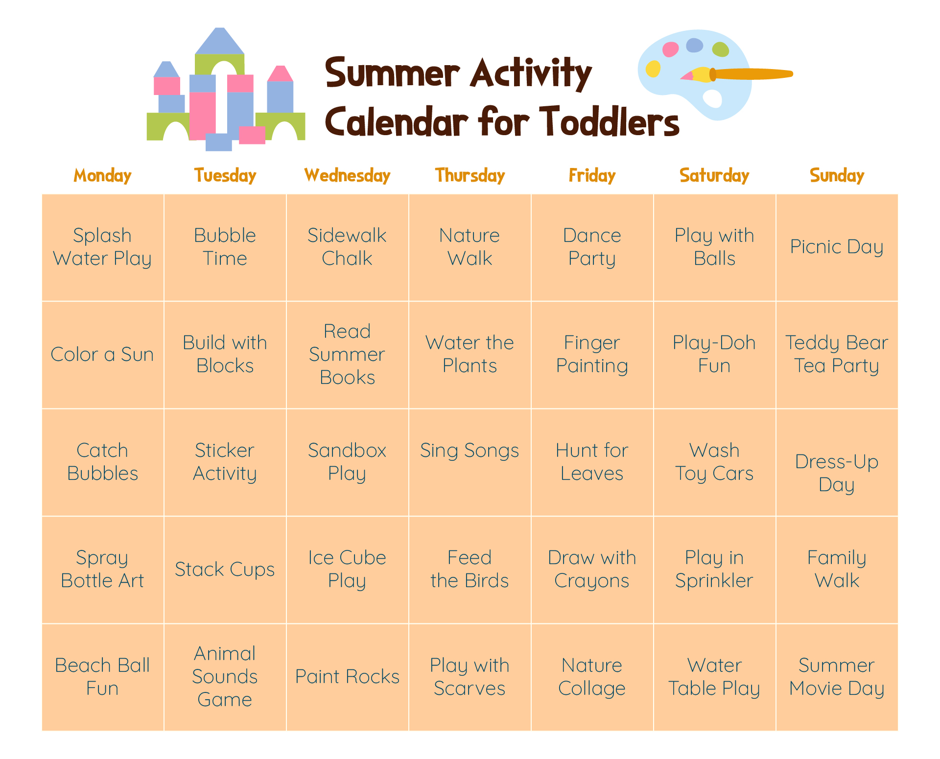Printable Summer Activity Calendar for Toddlers