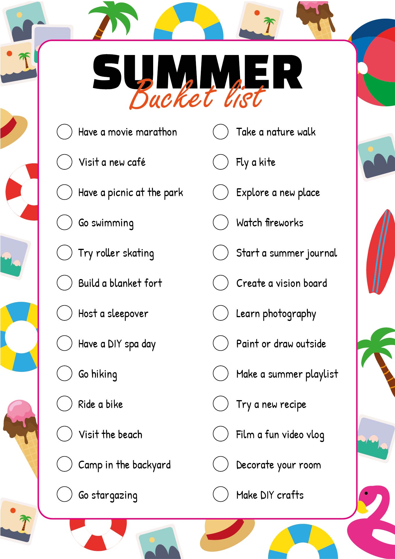 Printable Summer Bucket List for Teens