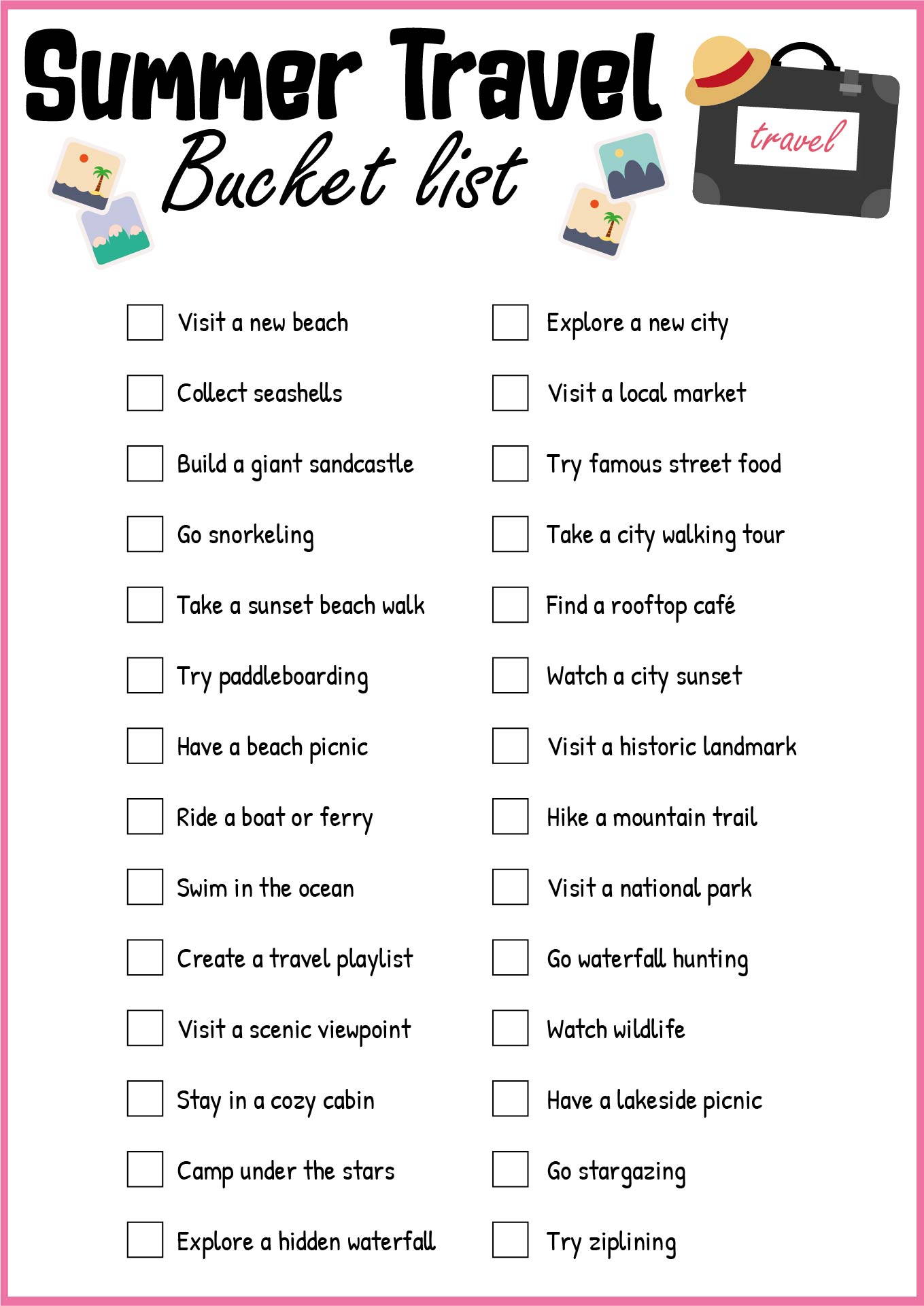 Printable Summer Bucket List for Travel