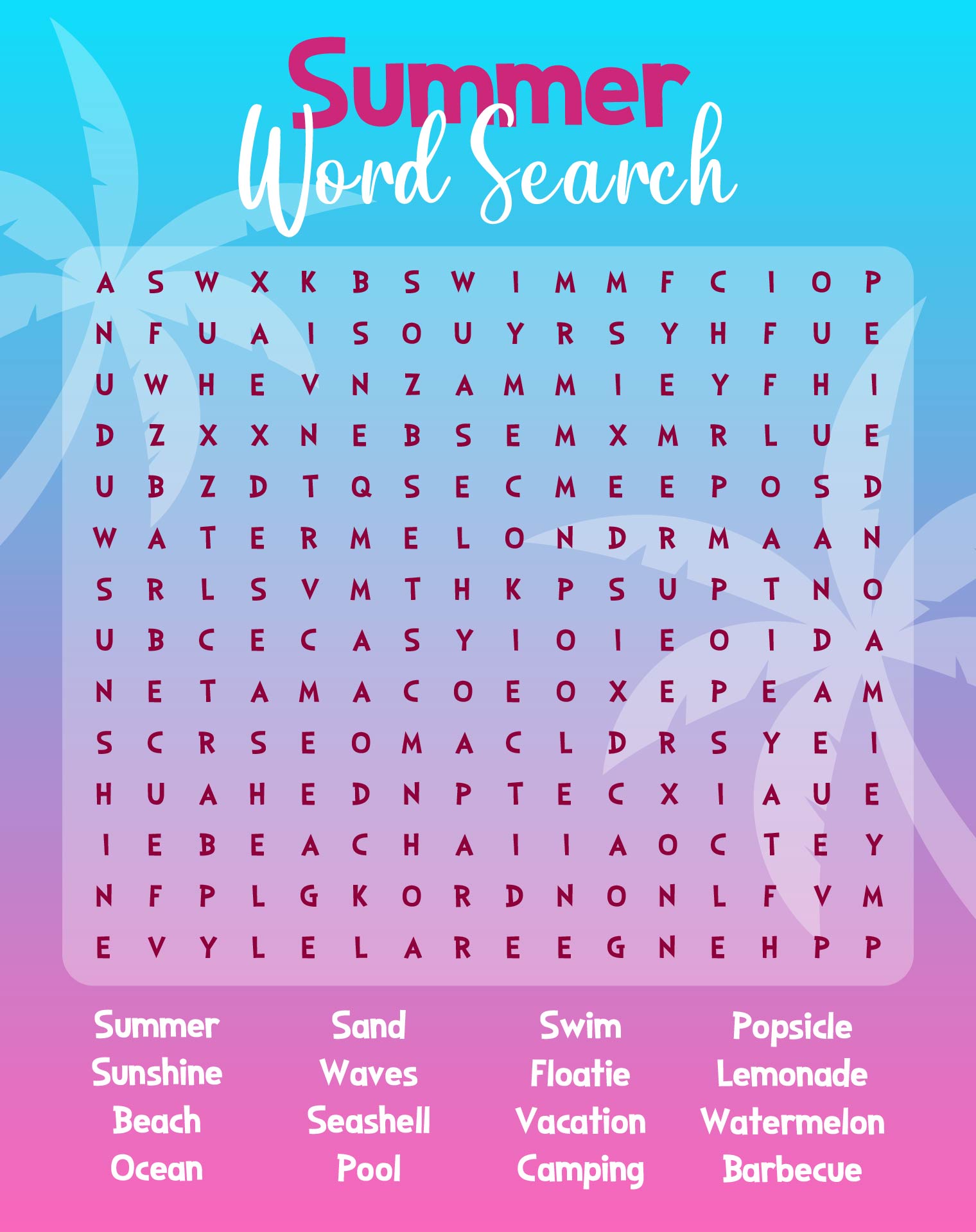 Printable Summer Vocabulary Searches for Kids