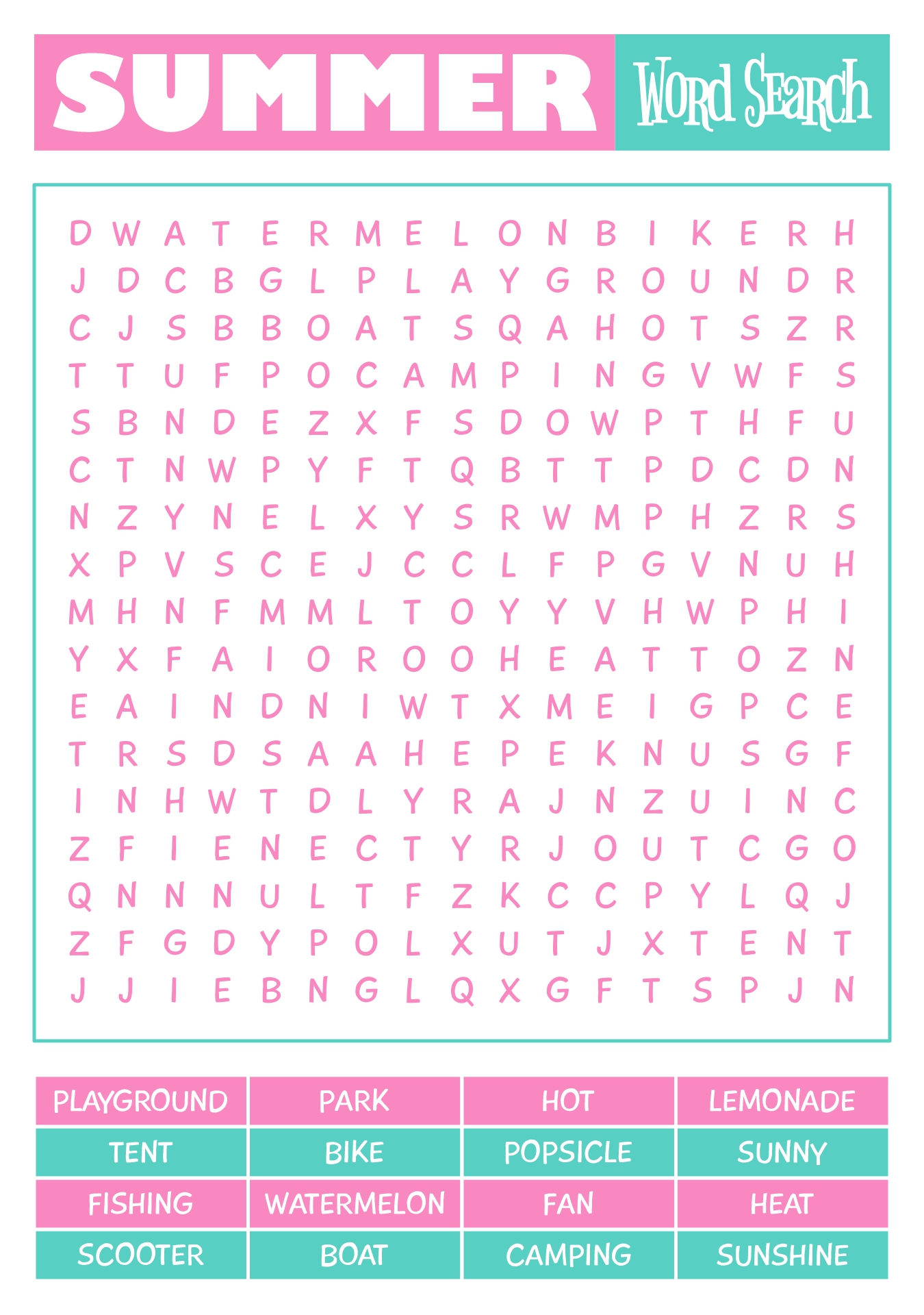 Printable Summer Word Search for 2nd Grade