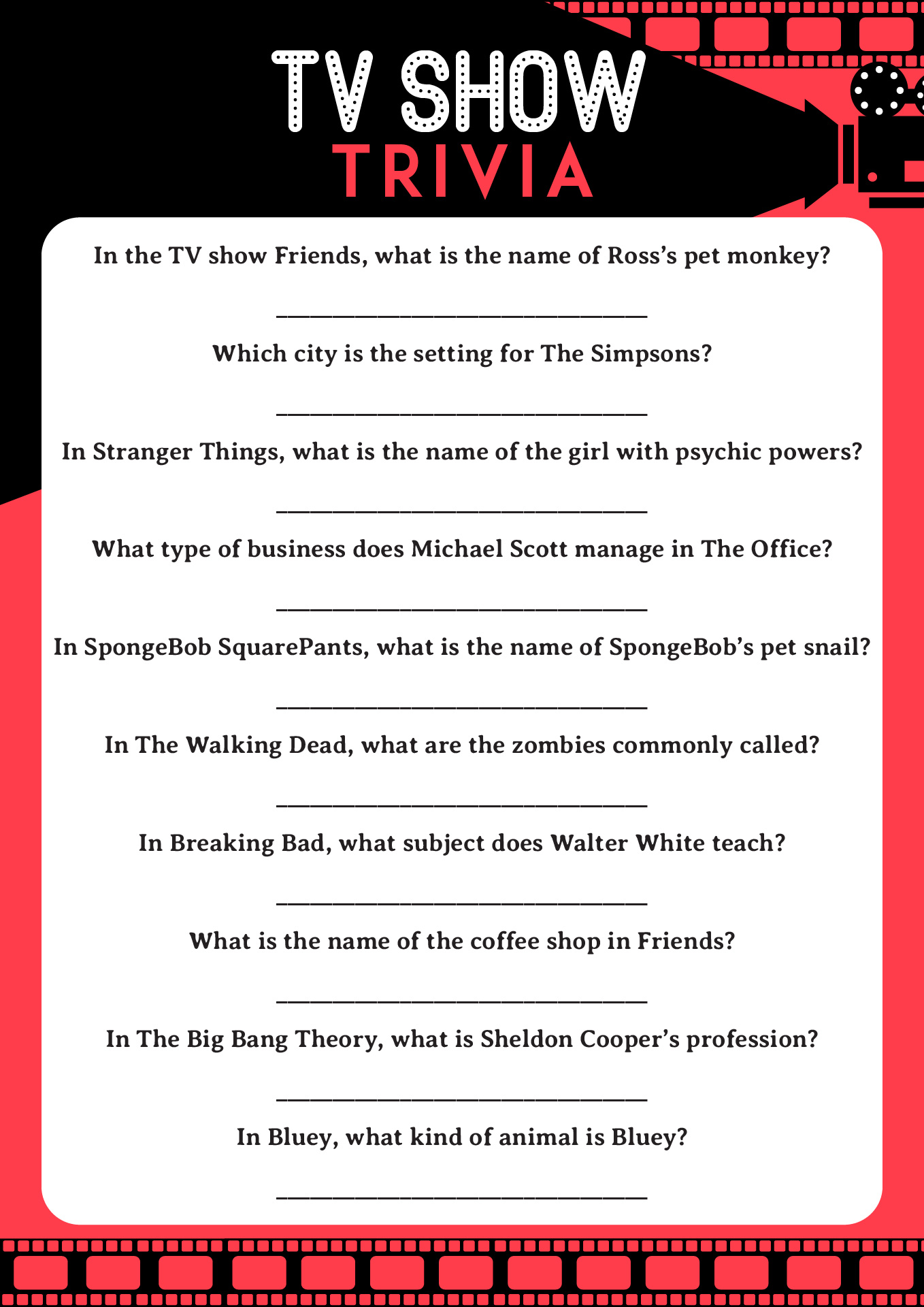 Printable TV Show Quiz Games Printable TV Show Quiz Games