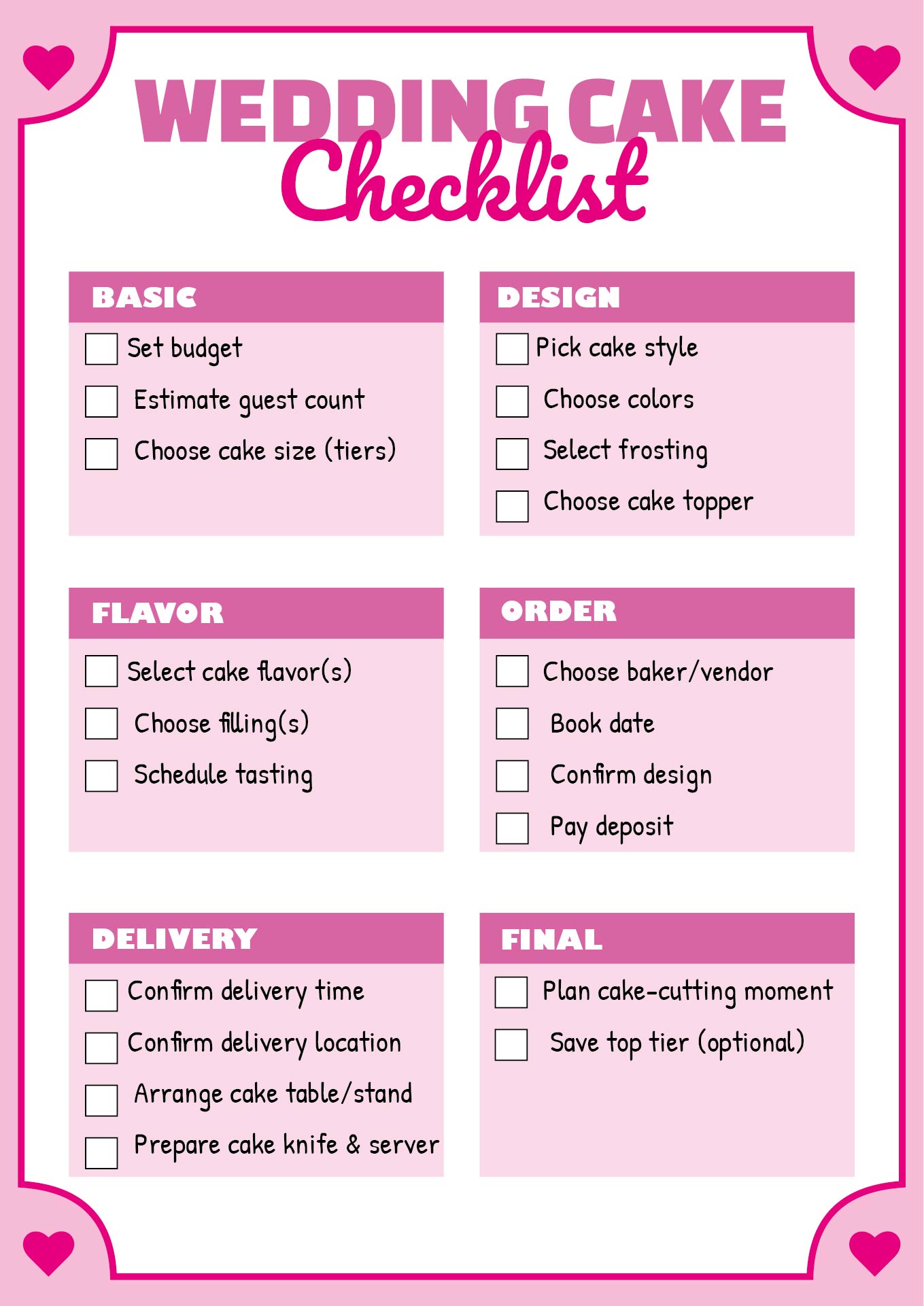 Printable Wedding Cake Checklist