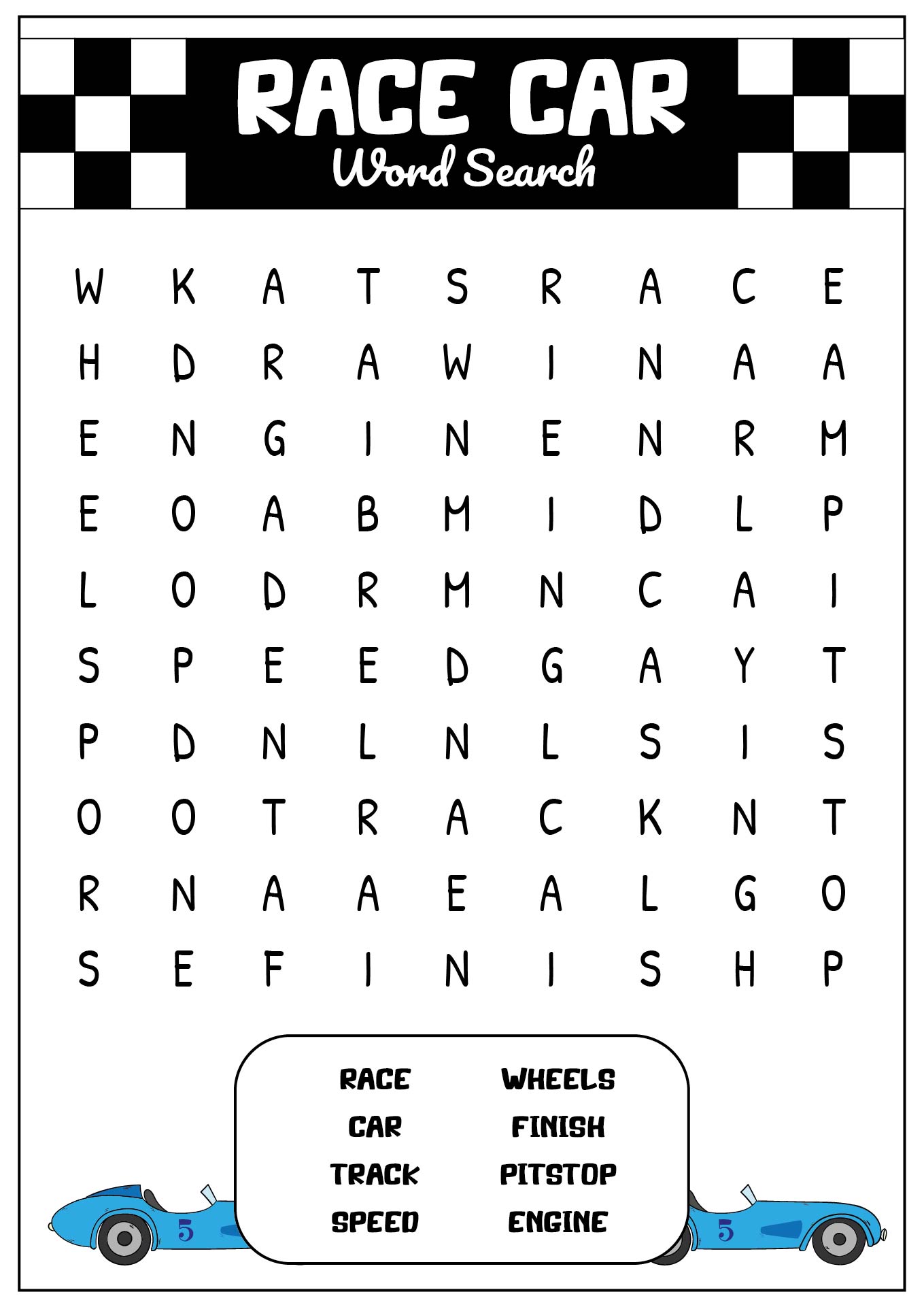 Race Cars Printable Word Search Activities