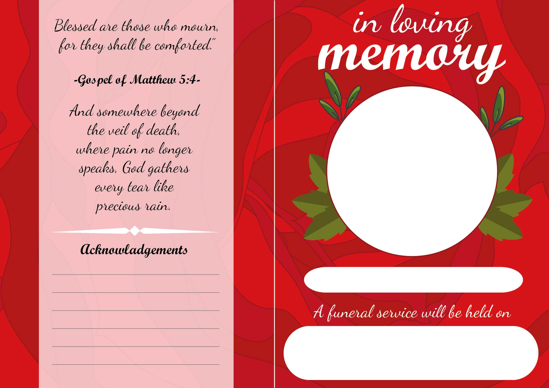 Red Roses Funeral Program Template