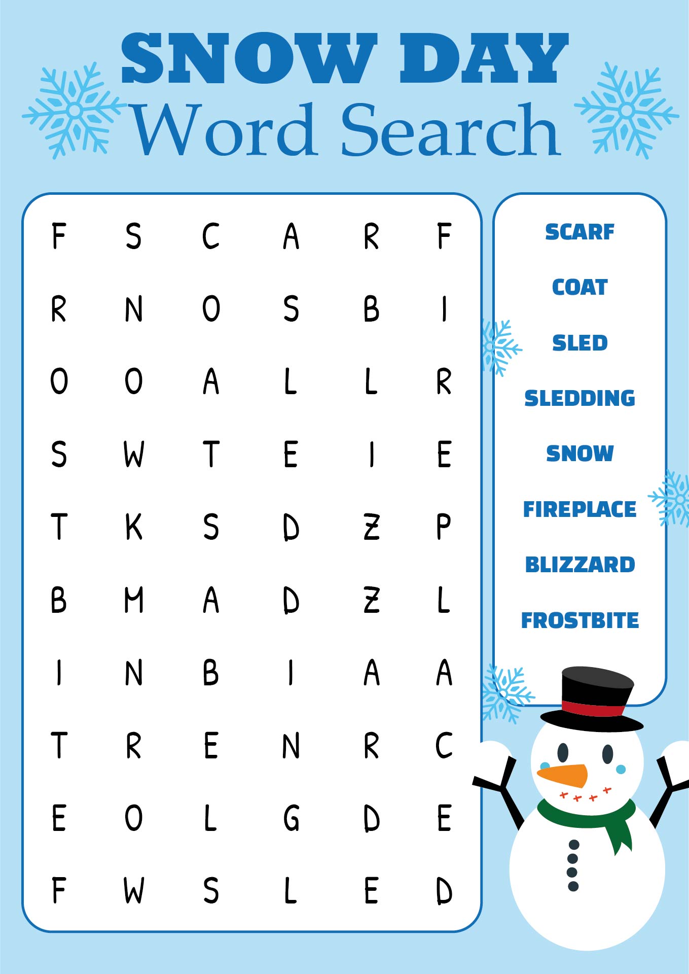 Snow Day Activities Word Search