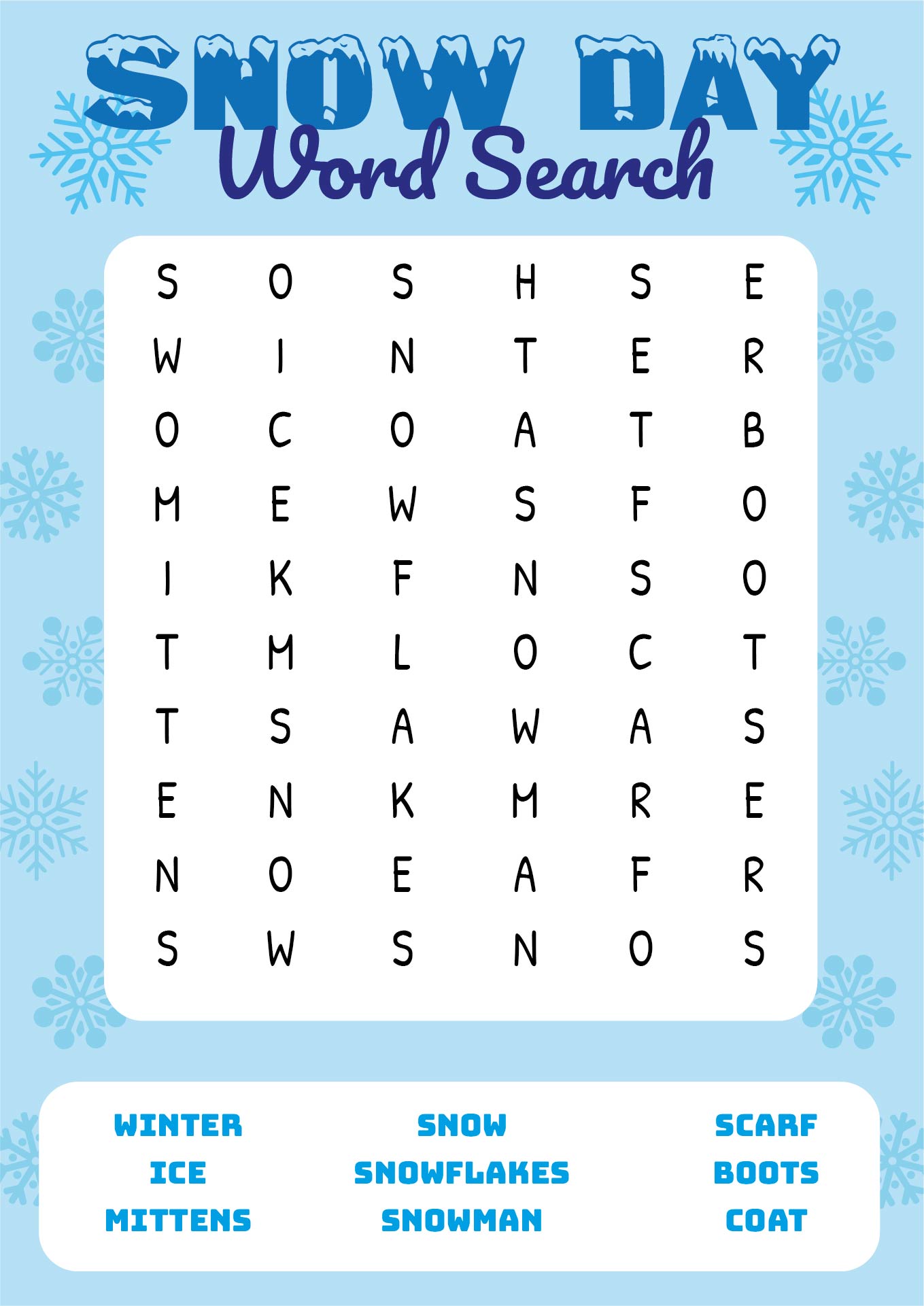 Snow Day Word Search for Kids