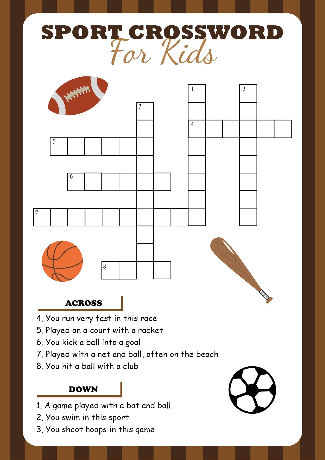 Sport Crossword Puzzles for Kids Printable