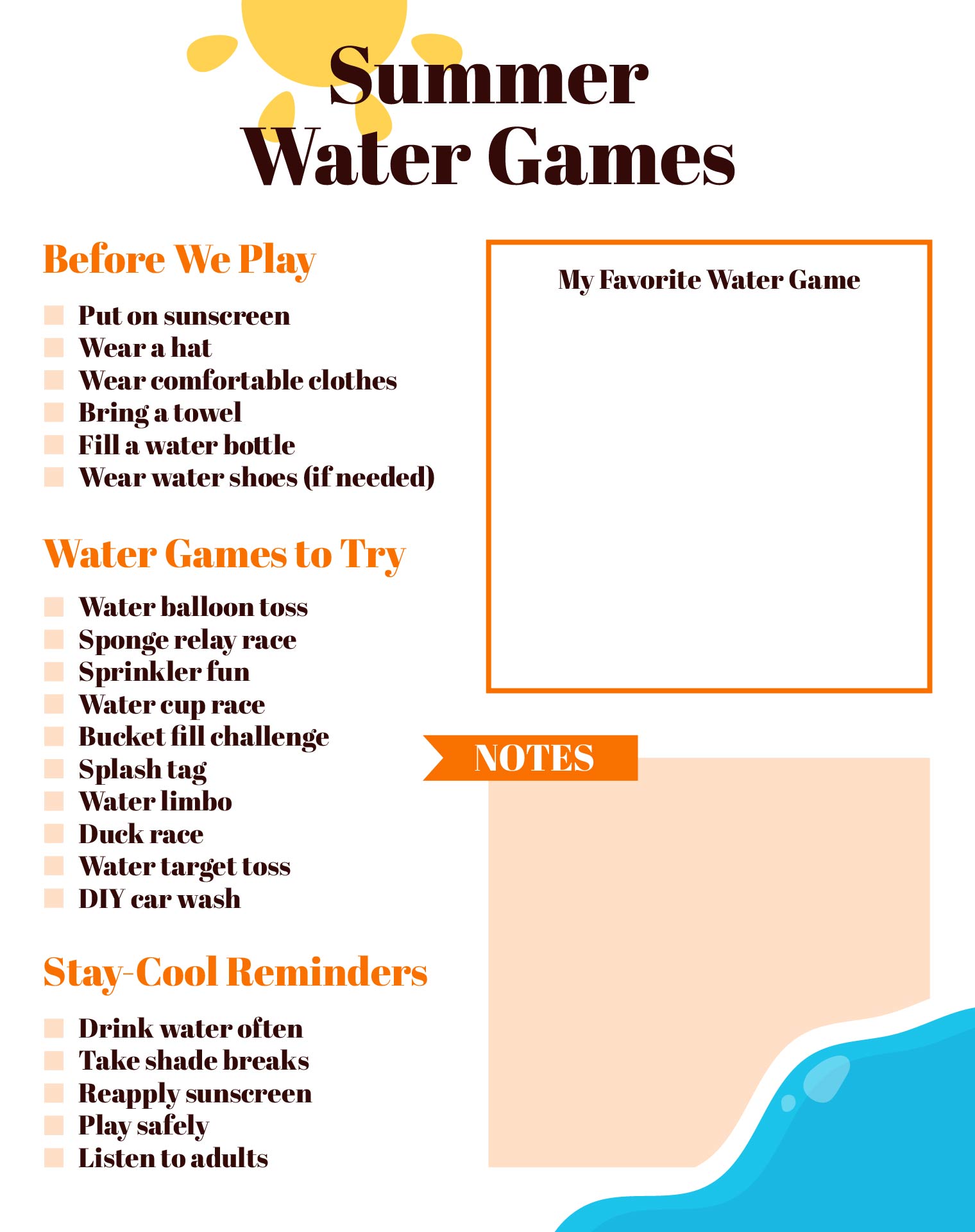 Stay-Cool Summer Water Games Checklist Stay-Cool Summer Water Games Checklist