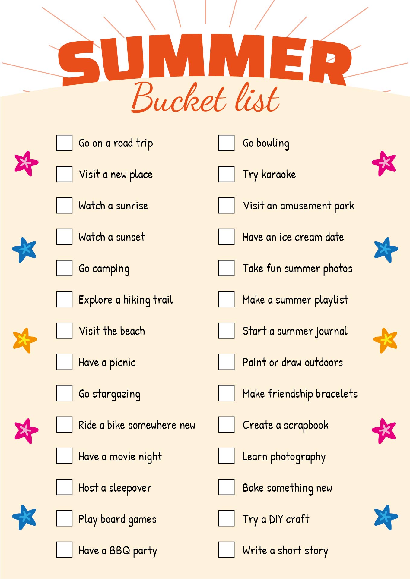 Summer Bucket List Checklist Printable