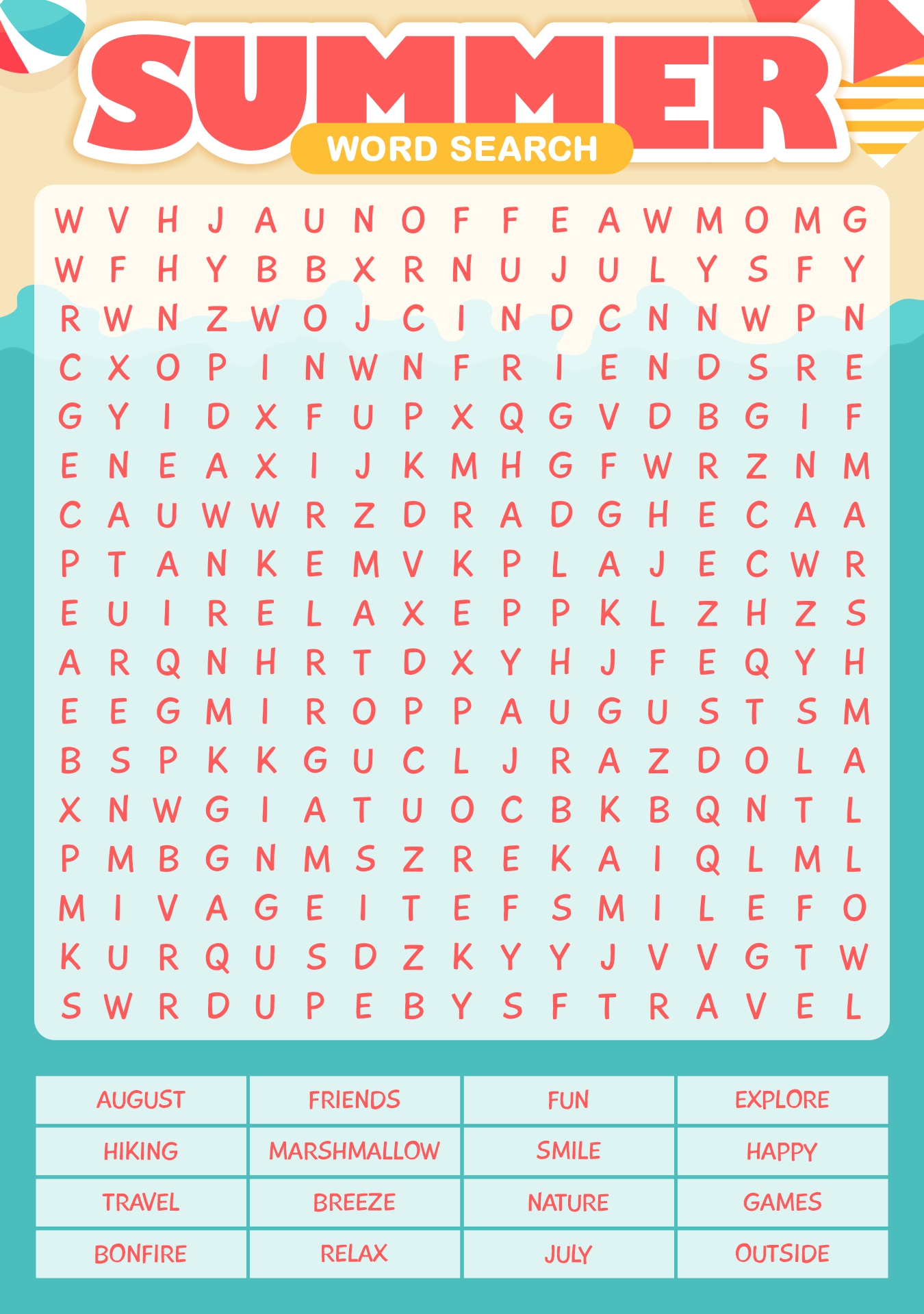 Summer Fun Word Search Printable for 2nd Graders