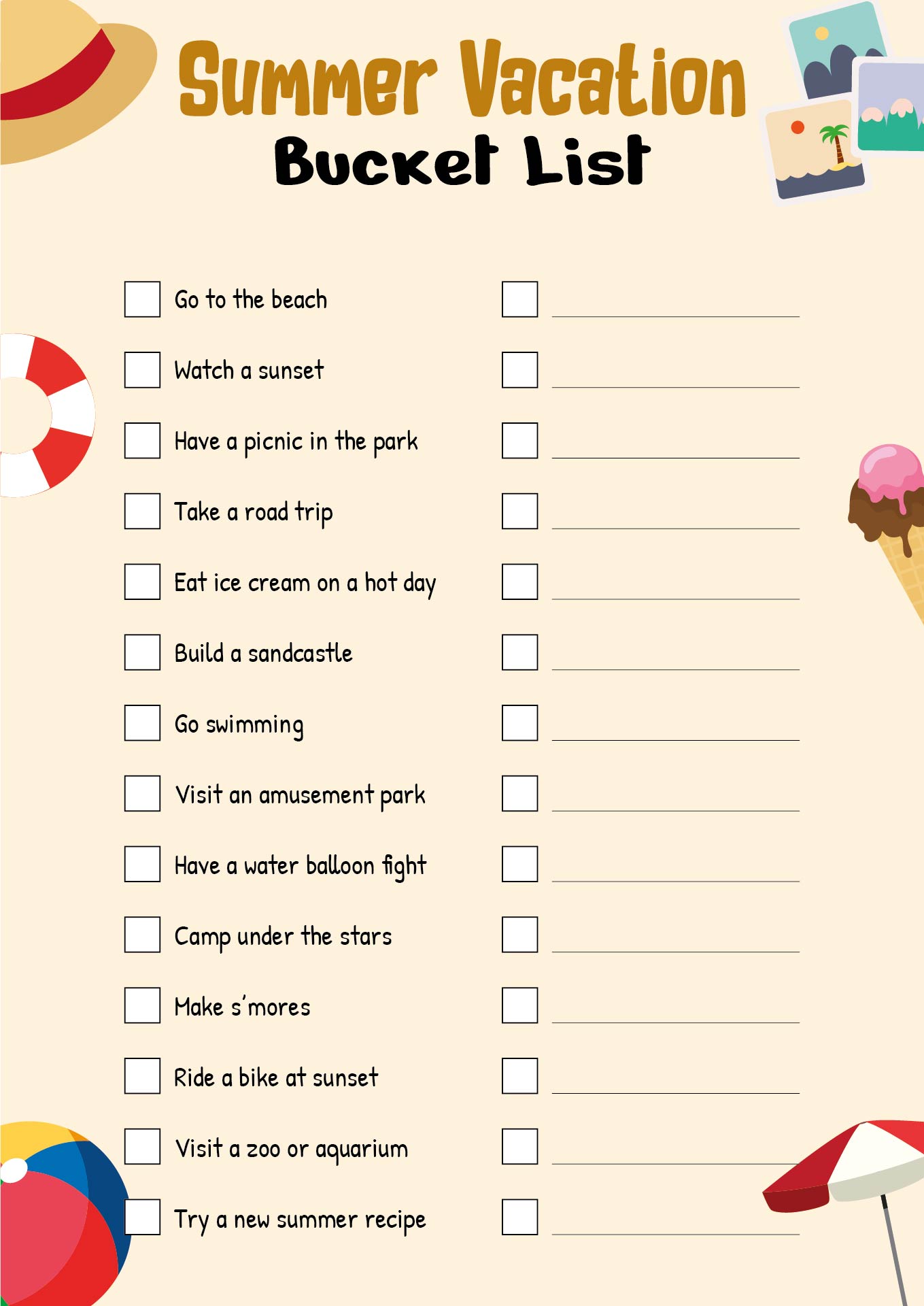 Summer Vacation Bucket List Printable