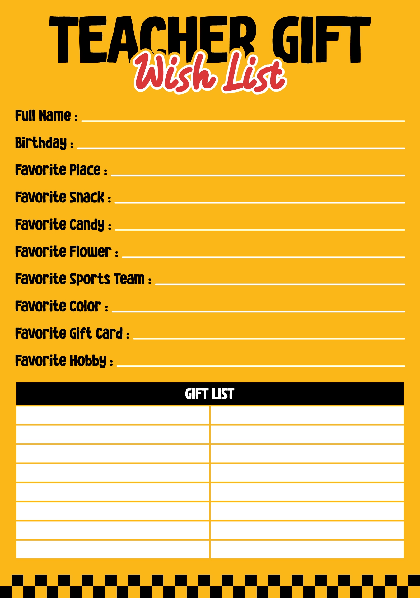 Teacher Gift Wish List Printable