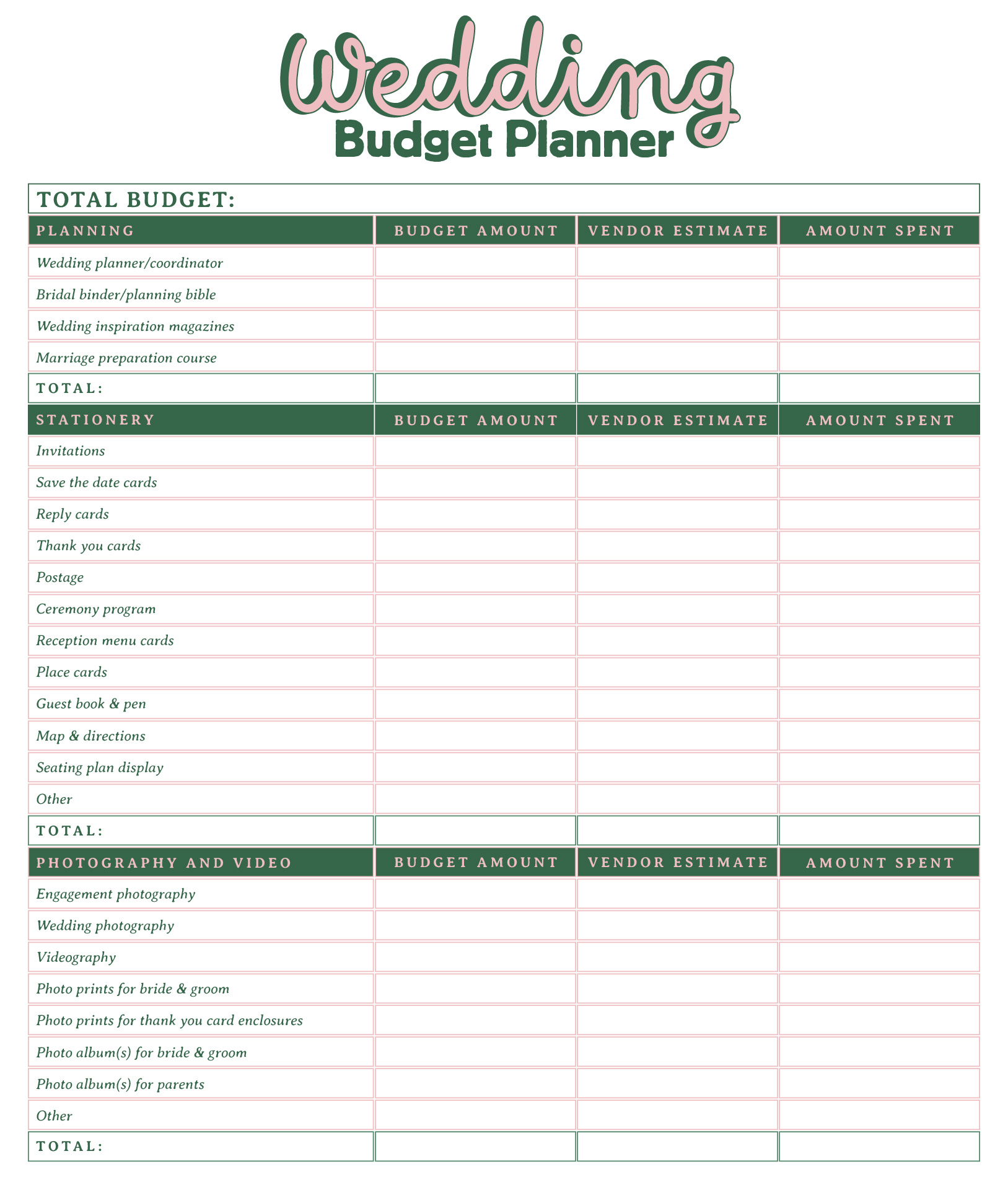 Wedding Budget Planner Printables