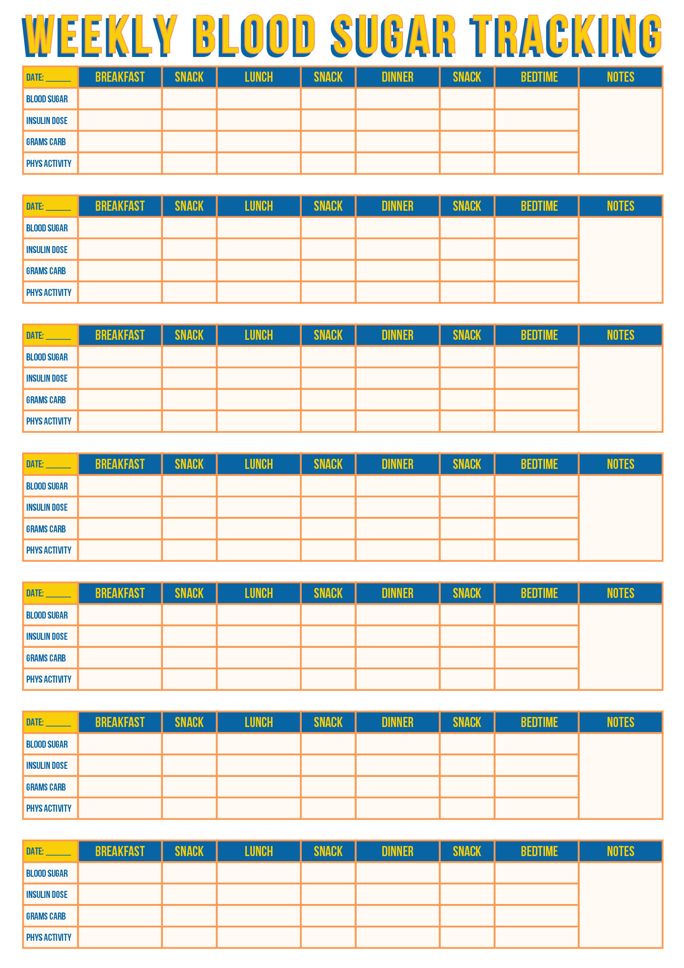 Weekly Blood Sugar Tracking Sheet Printable