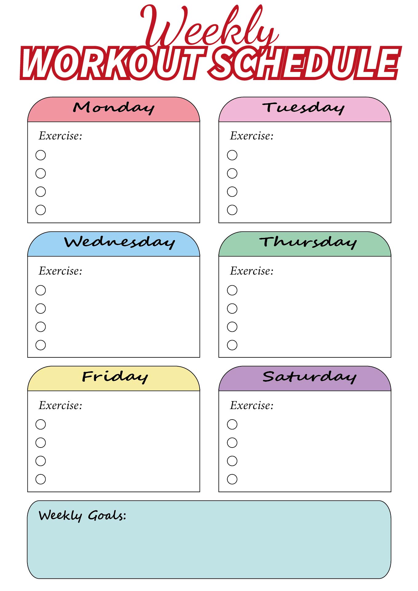 Weekly Workout Schedule Printable Chart Weekly Workout Schedule Printable Chart