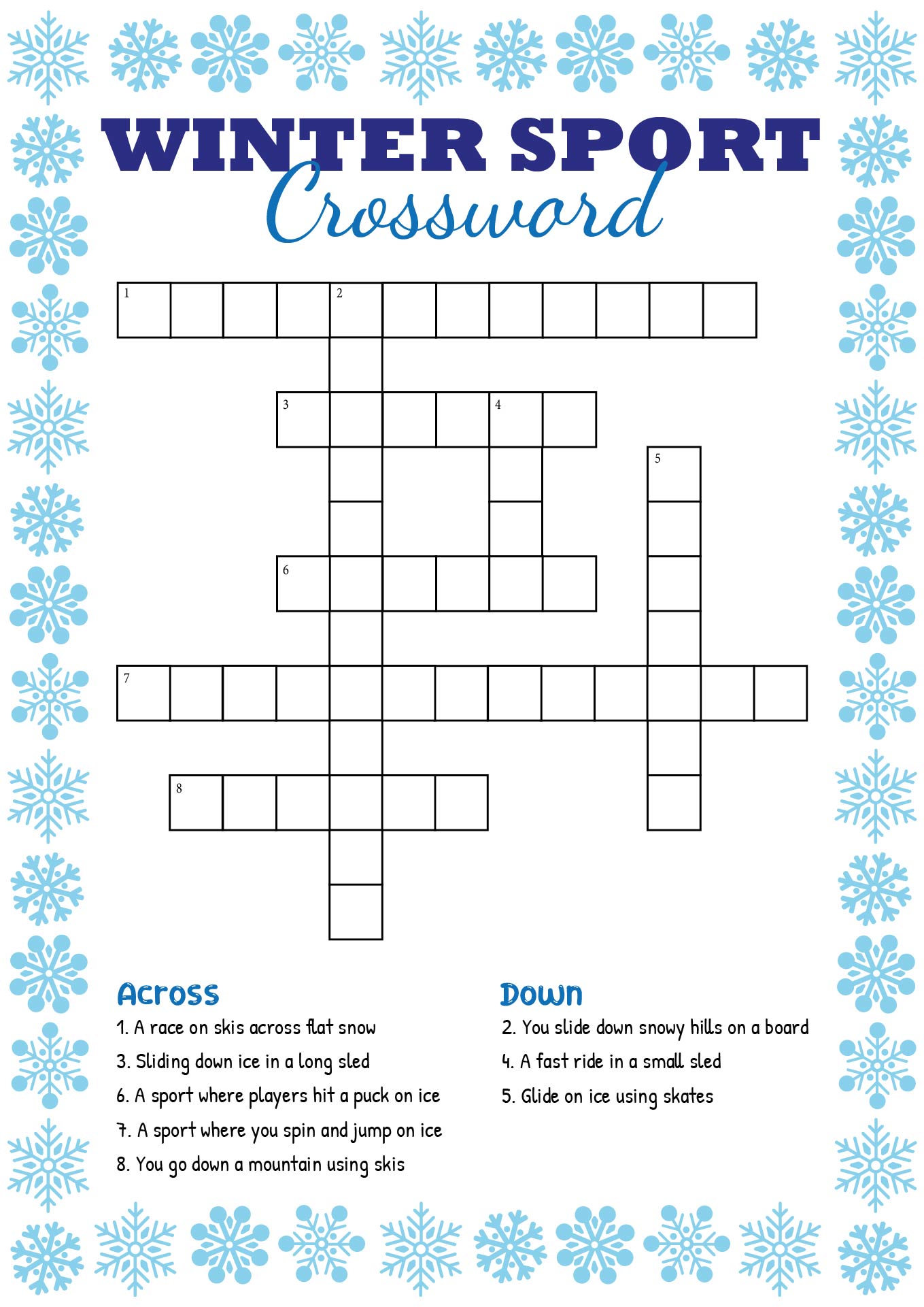 Winter Sport Theme Crossword Printable