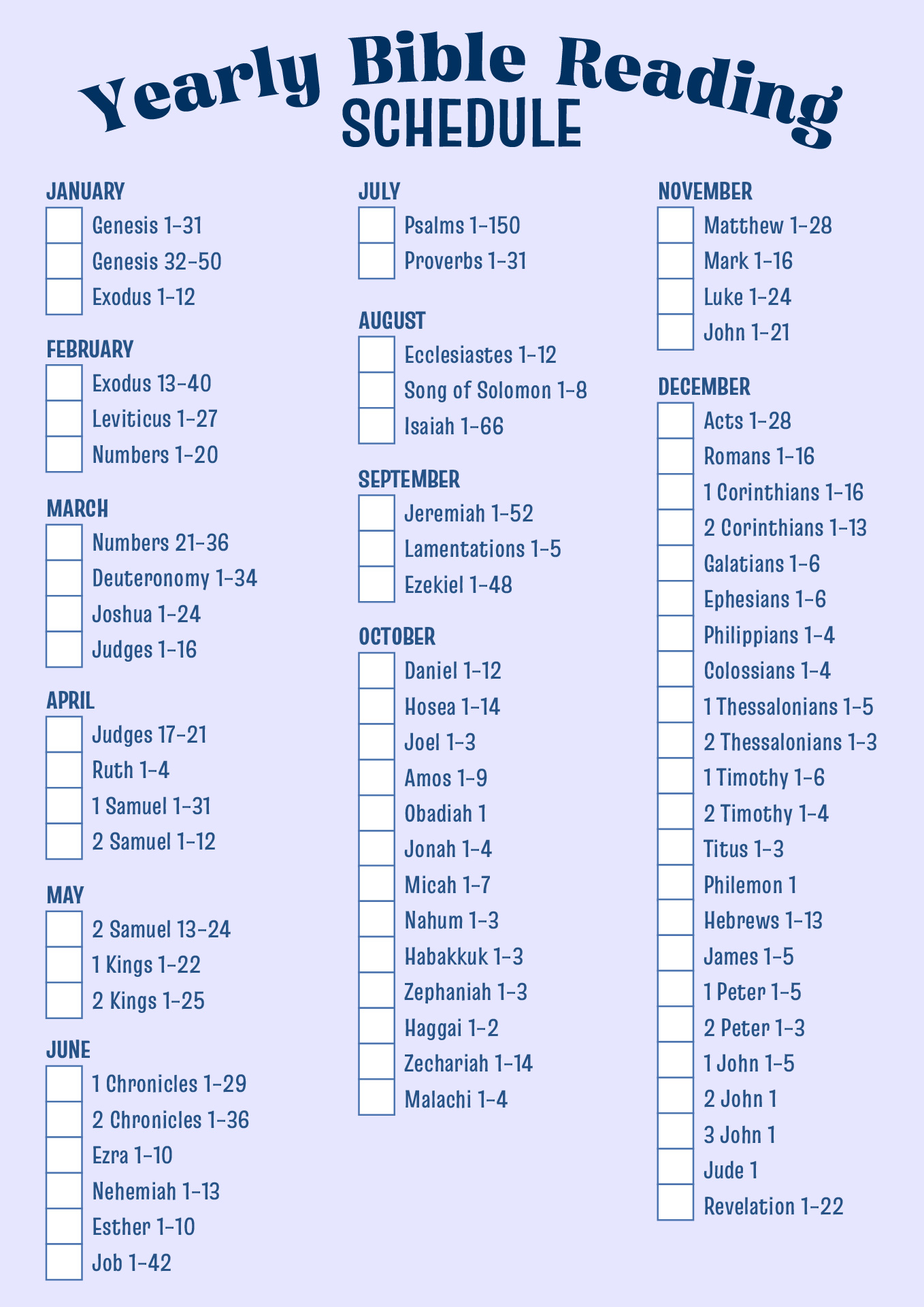 Yearly Bible Reading Schedule Printable Yearly Bible Reading Schedule Printable