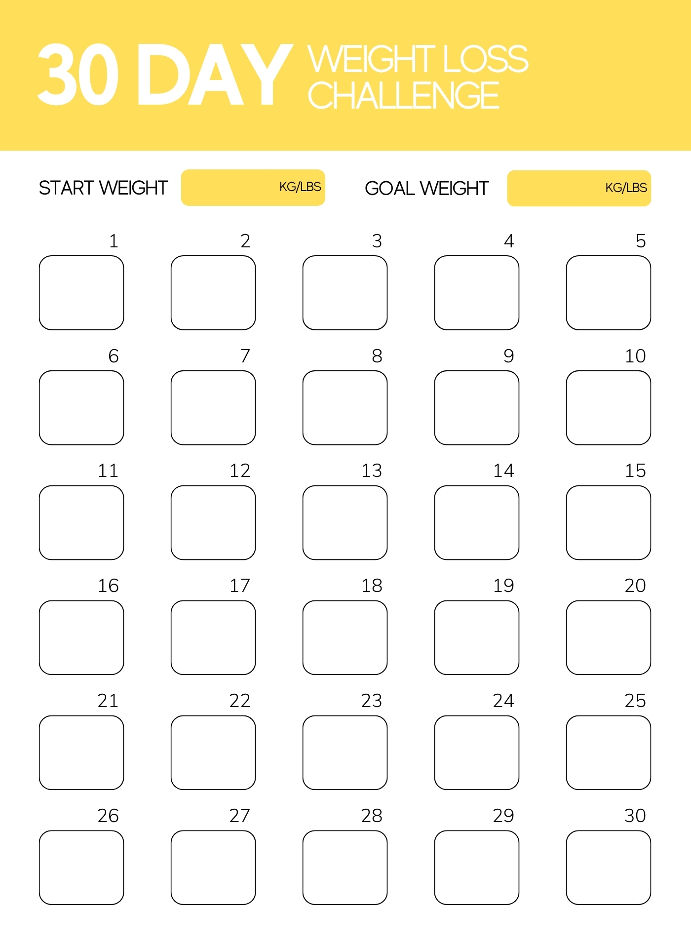 30-Day Weight Loss Challenge Calendar 30-Day Weight Loss Challenge Calendar